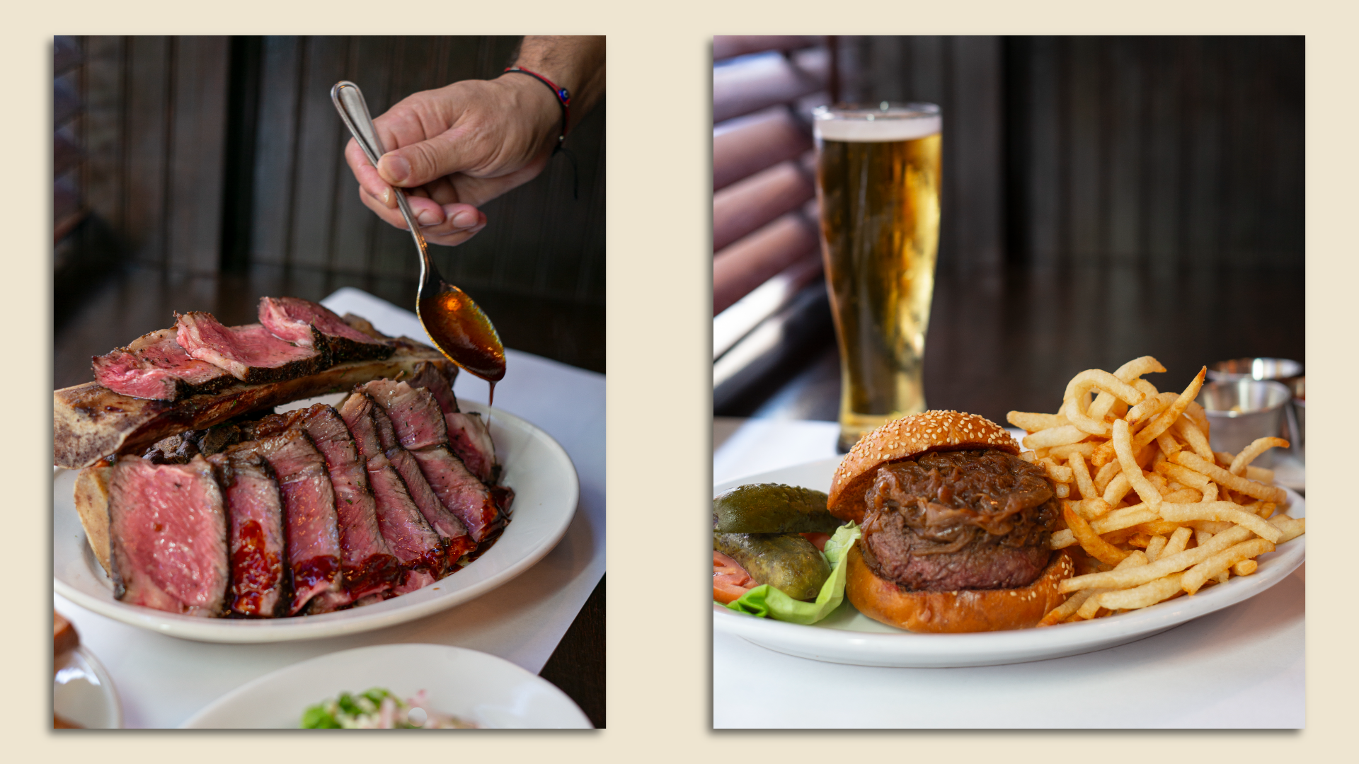 A bone in steak and Minetta black label burger with a beer and fries