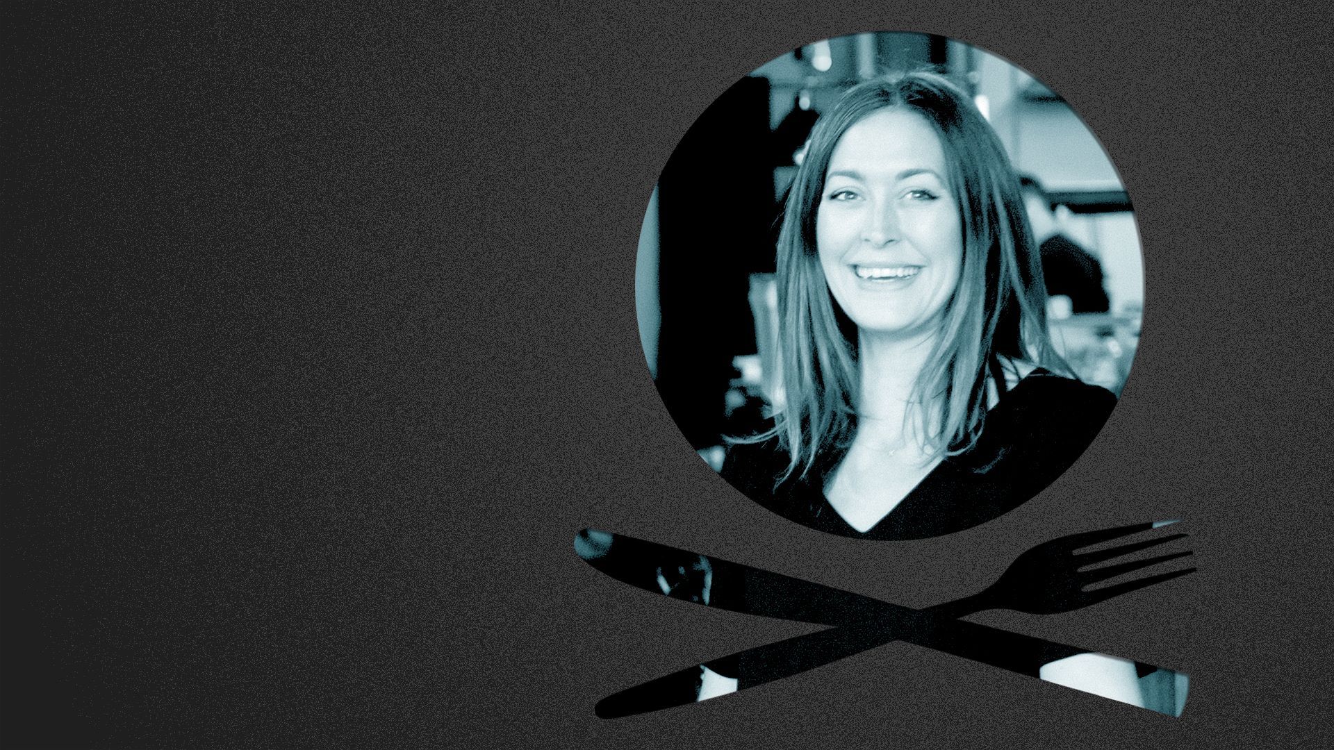 Photo illustration of a place setting shaped like a skull and crossbones containing a photo of Kelsey Glasser.