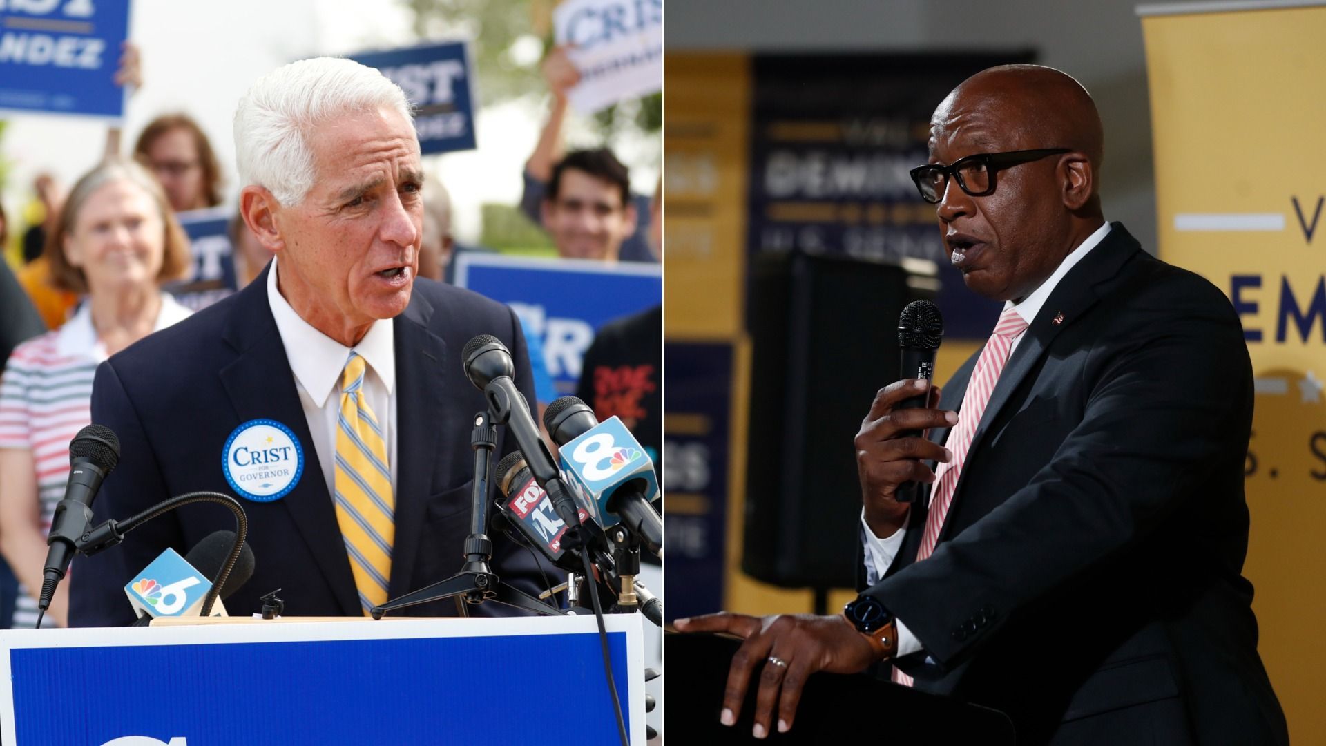 Side by side images: A white man with white hair in a suit stands at a podium. A black man with a shaved head in a suit stands at a different podium.