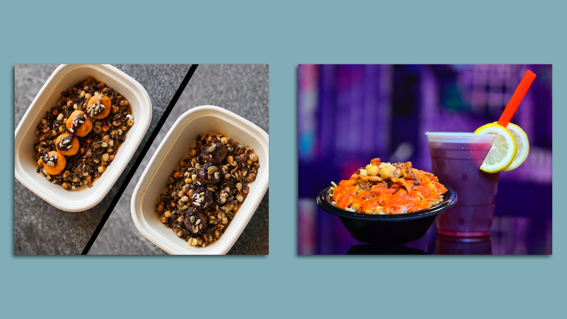 A pair of wild rice bowls on the left and koshari rice bowl with iced tea on the right 