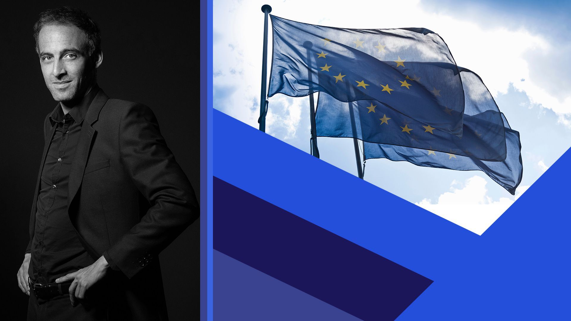 Photo illustration of Raphael Glucksmann and EU flags