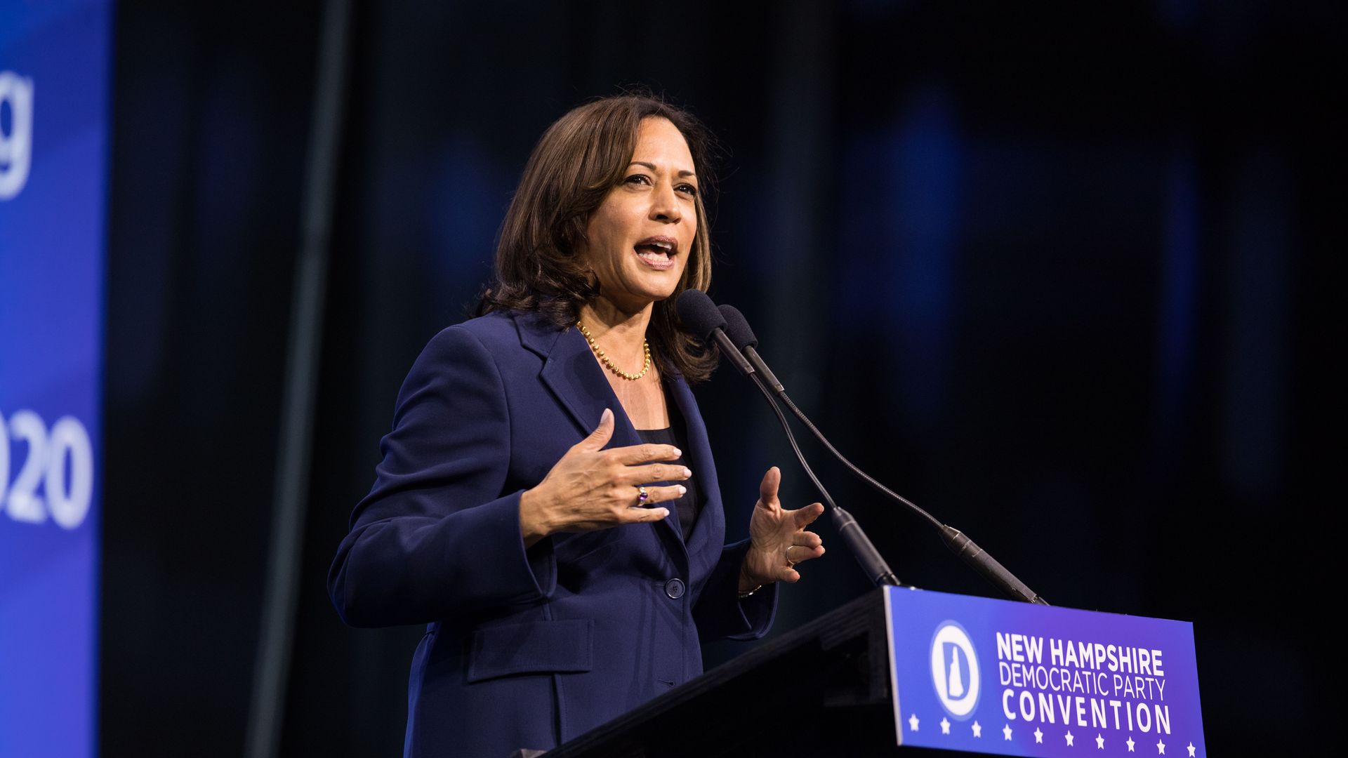 Democratic presidential candidate, Sen. Kamala Harris (D-CA) speaks during the New Hampshire Democratic Party Convention at the SNHU Arena on September 7