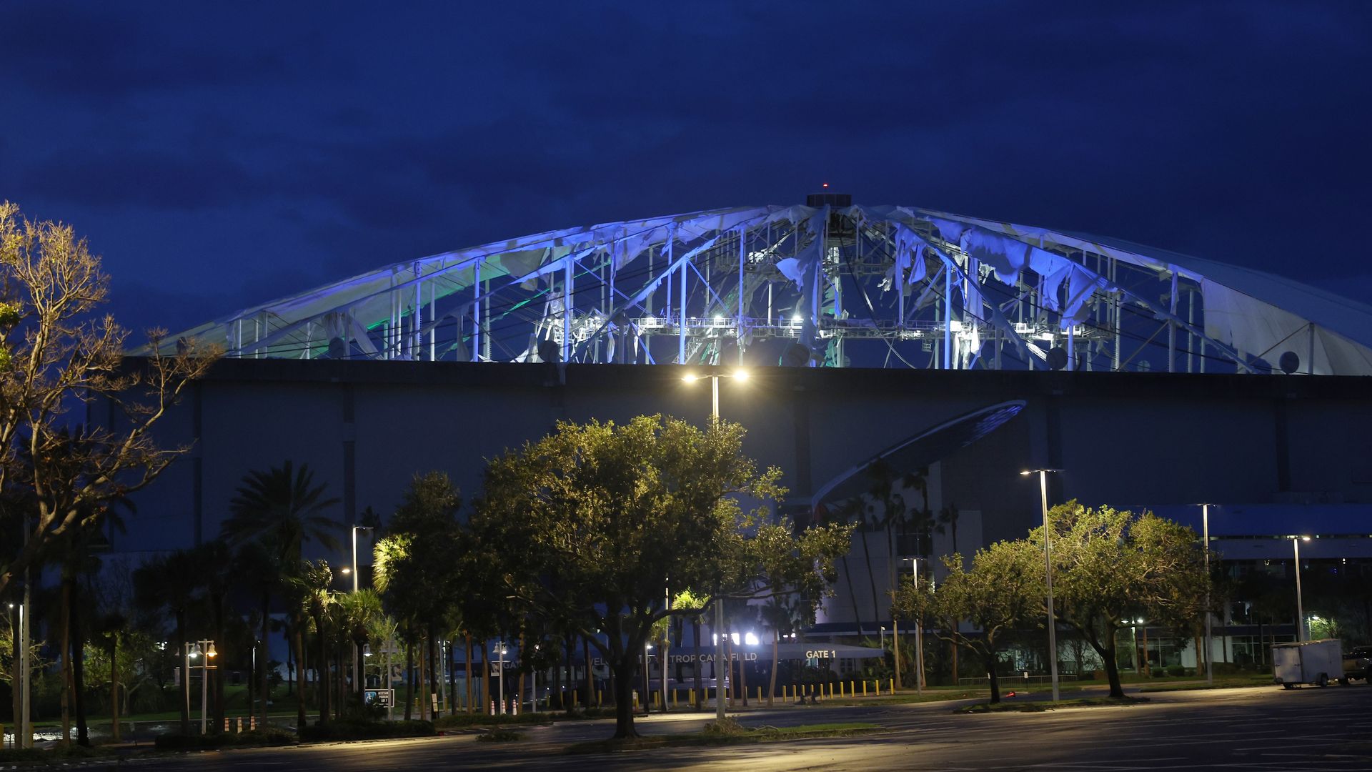 An image of a domed stadium, except the dome is ripped apart.