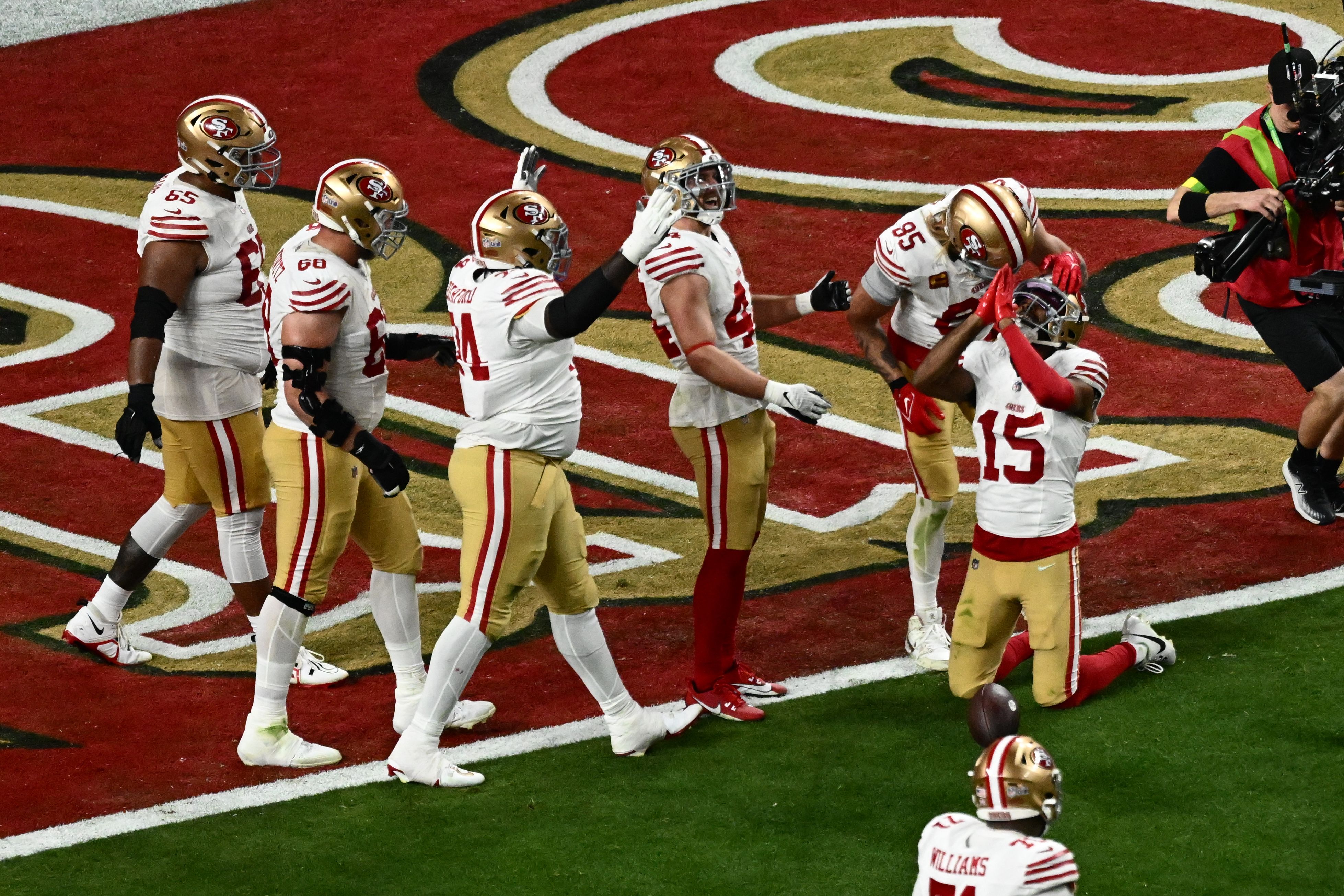 San Francisco 49ers' wide reciever #15 Jauan Jennings celebrates scoring a touchdown during Super Bowl LVIII between the Kansas City Chiefs and the San Francisco 49ers at Allegiant Stadium in Las Vegas, Nevada, February 11, 2024.