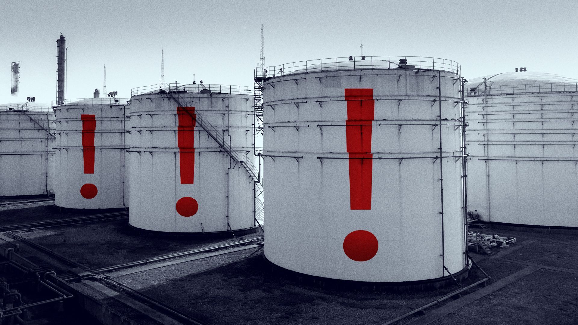 Illustration of cylindrical gas storage containers painted with exclamation points.