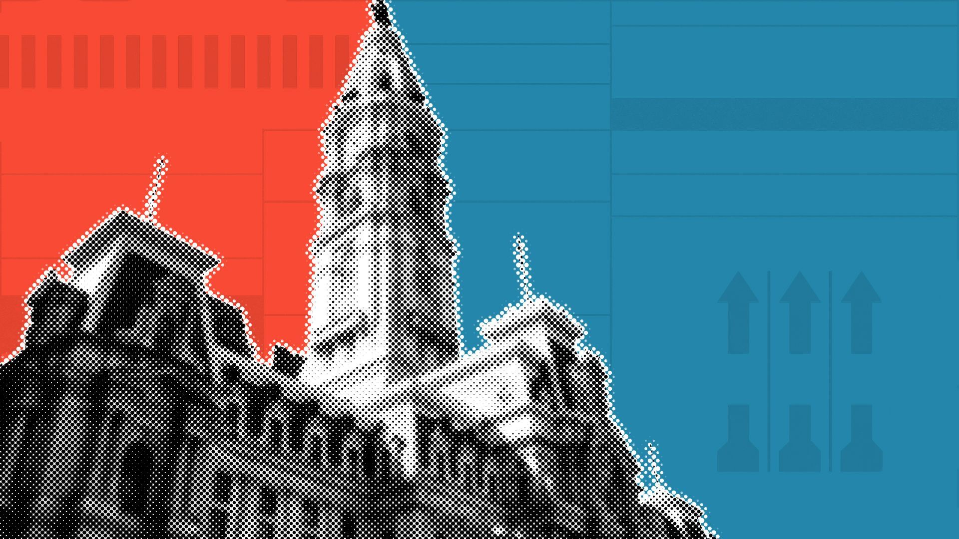Illustration of Philadelphia city hall over a divided red and blue background with elements of ballots.