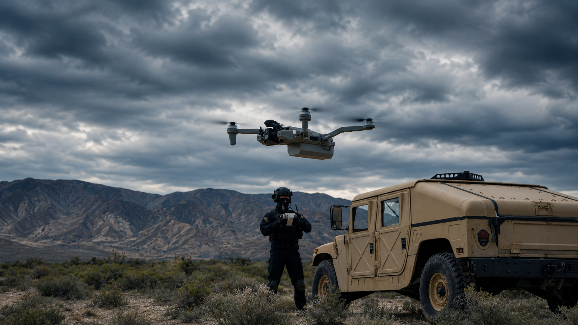 A quadcopter drone hovers in a cloudy desert sky above a tan military vehicle, while a soldier in tactical gear stands nearby, with rugged mountains in the distance.