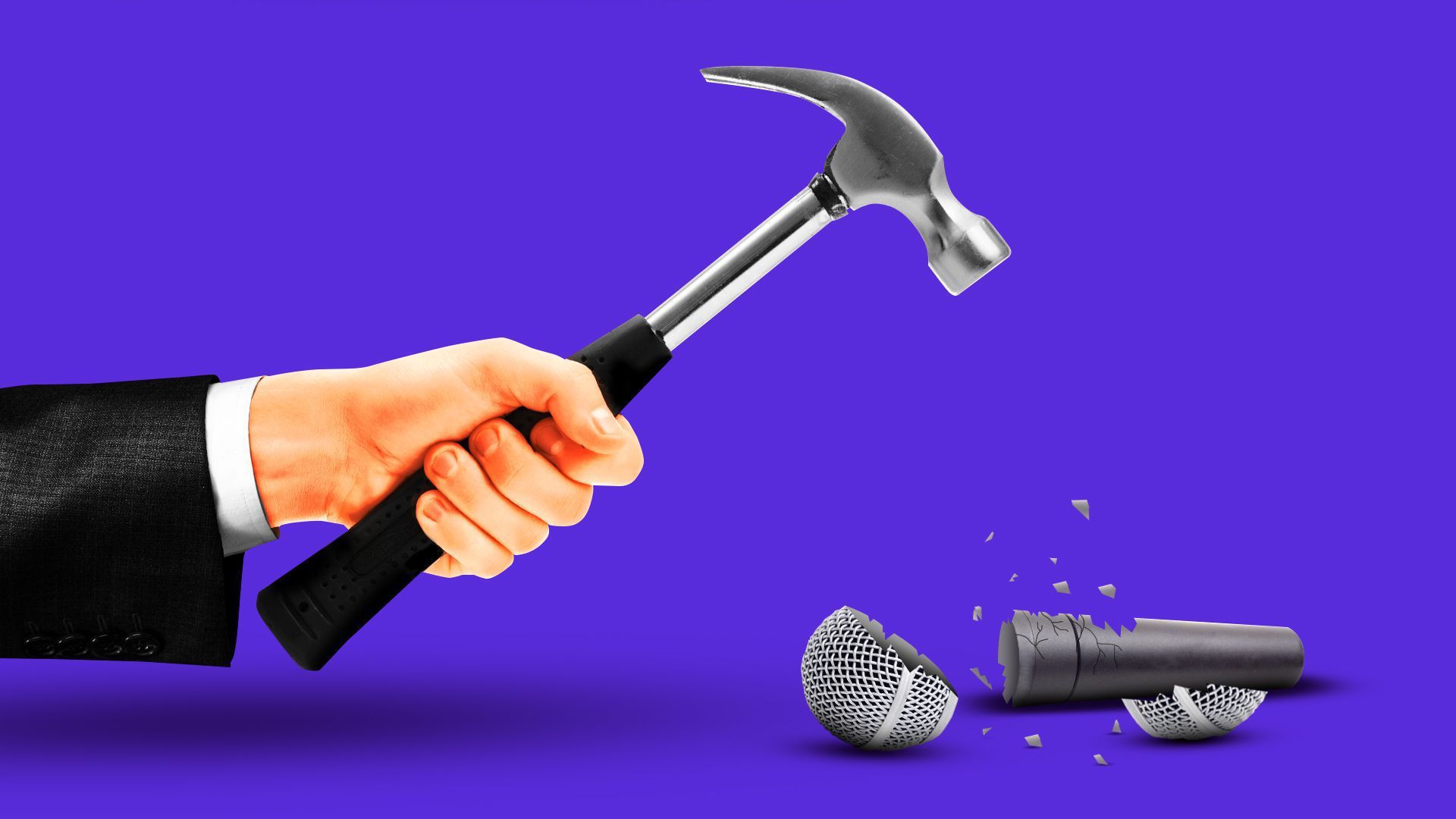 An illustration shows a hammer breaking a microphone.