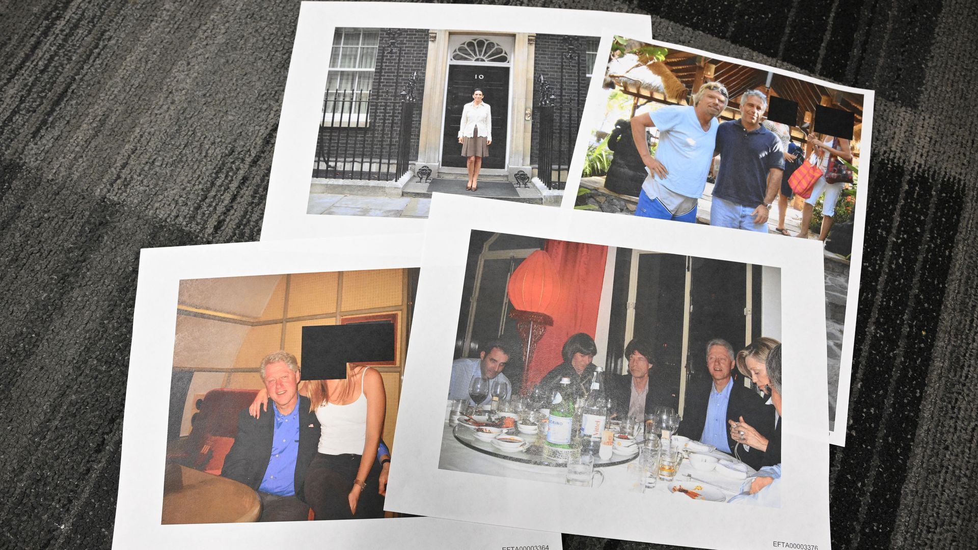 Photos of Bill Clinton, Mick Jagger, Richard Branson and Ghislaine Maxwell appear in an illustration after the U.S. Justice Department began releasing records from the Jeffrey Epstein investigation. Mandel Ngan/AFP via Getty Images