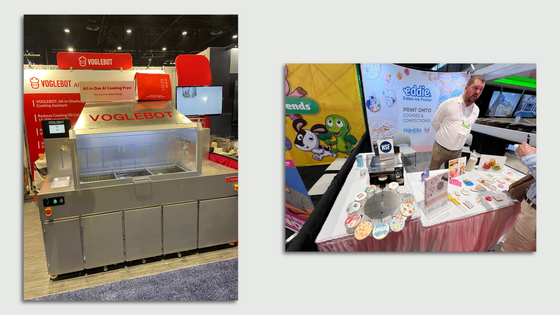 At left, the Voglebot is a robot all-in-one kitchen; at right, a machine that custom prints cookies.
