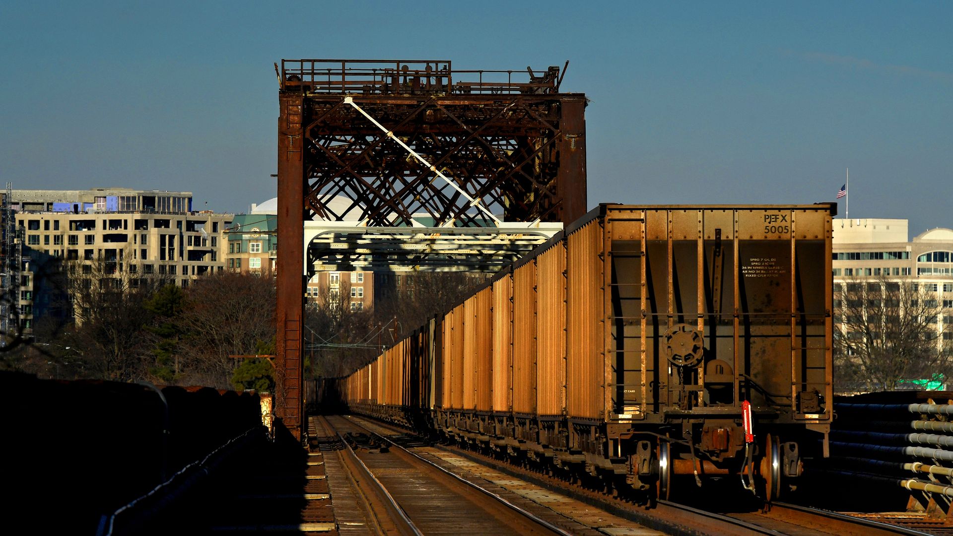 A freight train on Long Bridge, which crosses the Potomac River