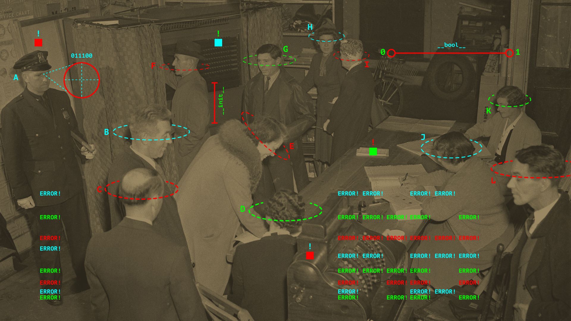 An old black and white photo of a polling place with bright computer code error messages overload