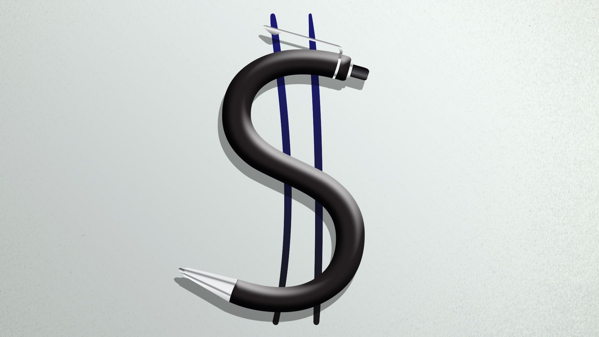 Illustration of a fountain pen and two ink lines twisted into a dollar sign shape