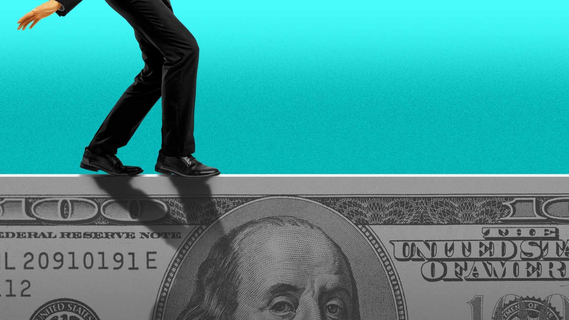 Illustration of a man balancing on the edge of a hundred dollar bill