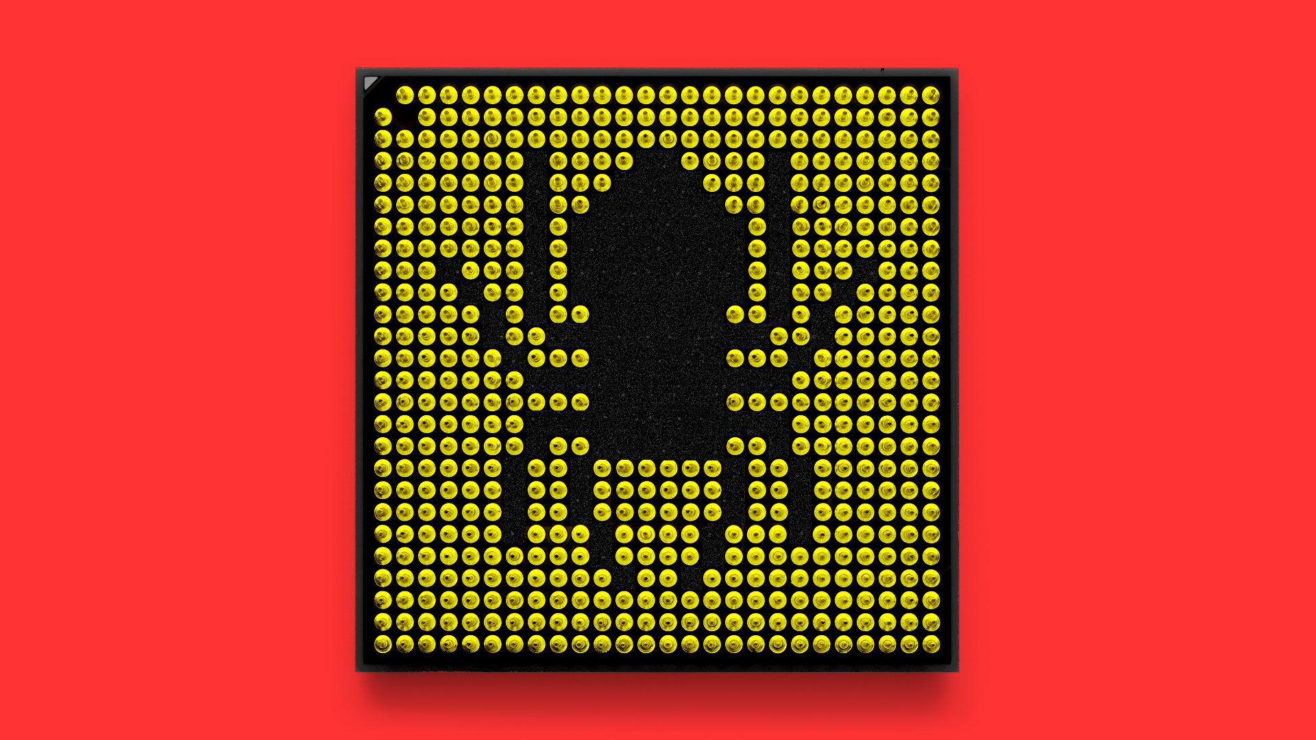 Outline of a bug on a computer chip, against a red background