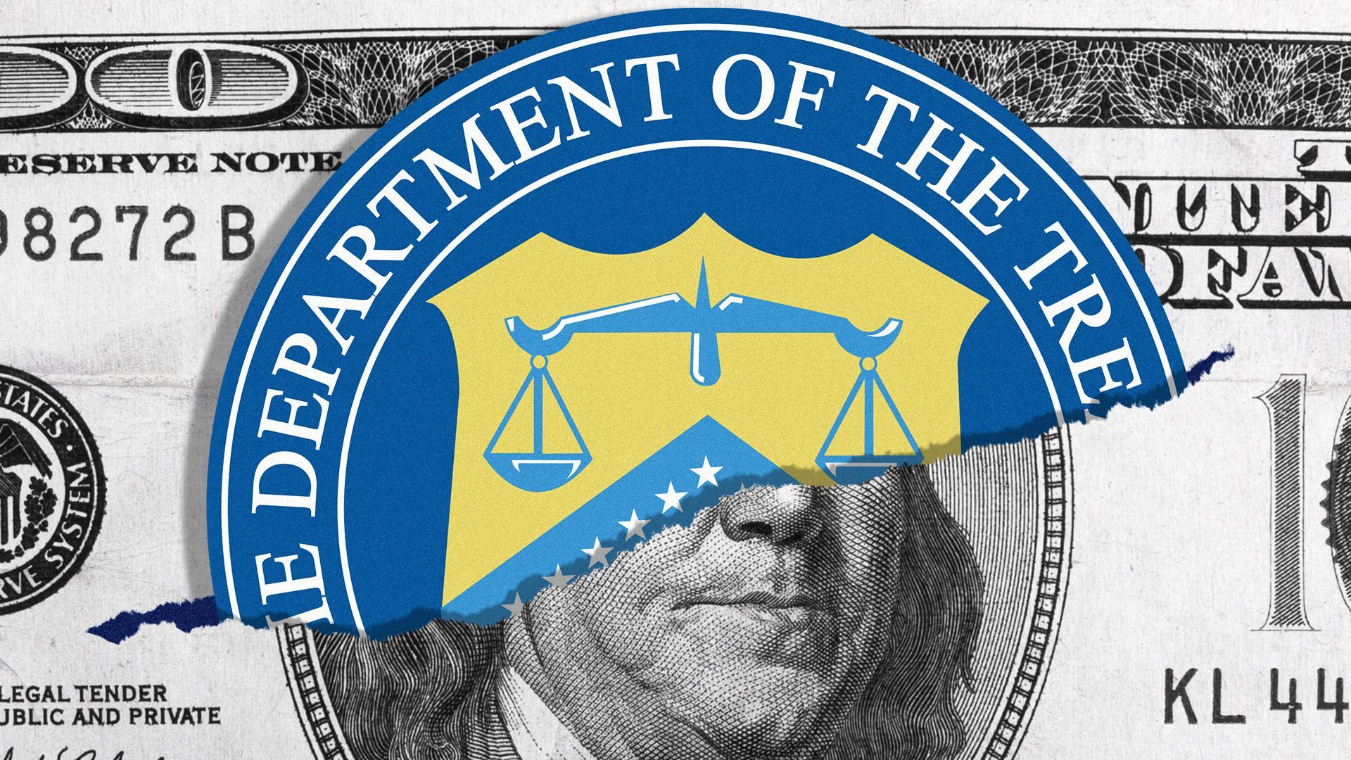Illustration of the US Treasury seal ripping through a hundred dollar bill.