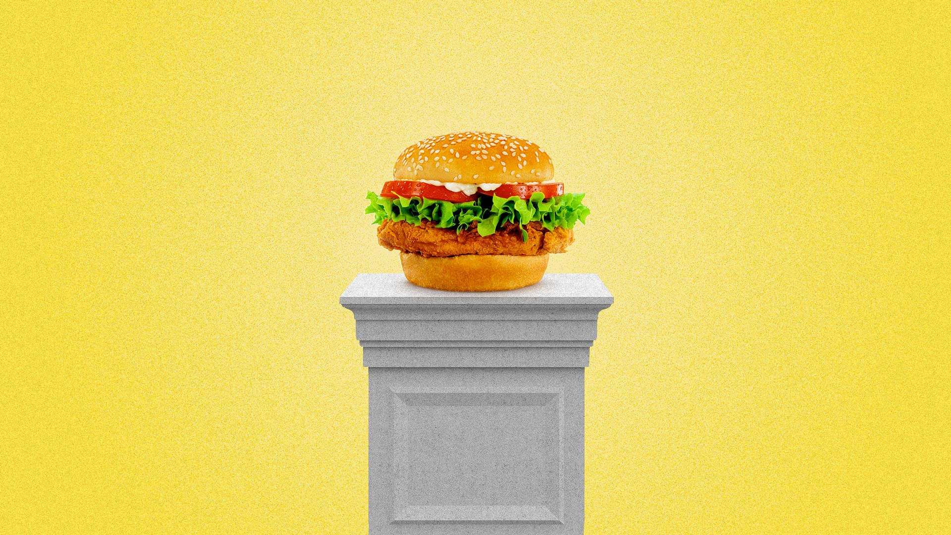 Illustration of a chicken sandwich illuminated on a pedestal.