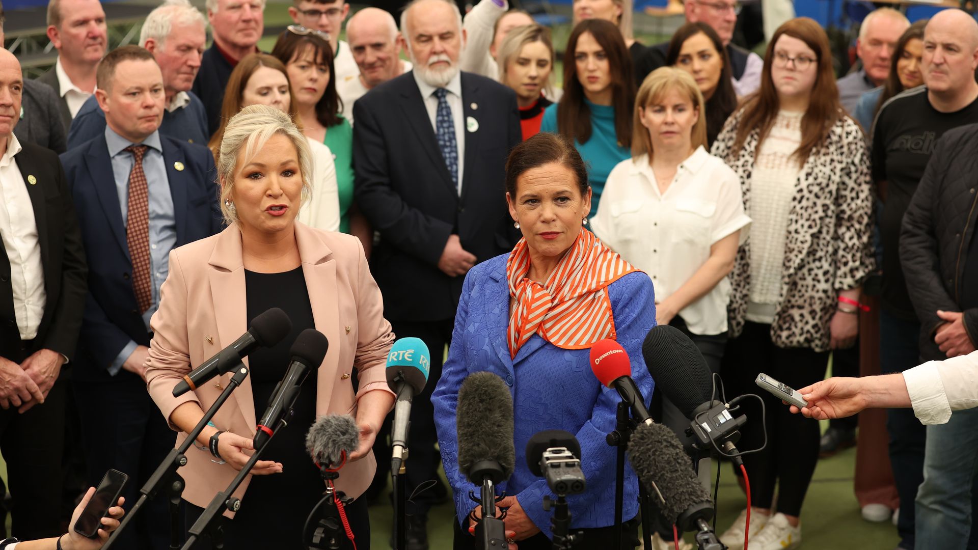 Sinn Fein deputy leader Michelle O'Neill (left) and party leader Mary Louise McDonald (right) at the Meadowbank Sports Arena count centre, in Magherafelt, Northern Ireland, on May 7.