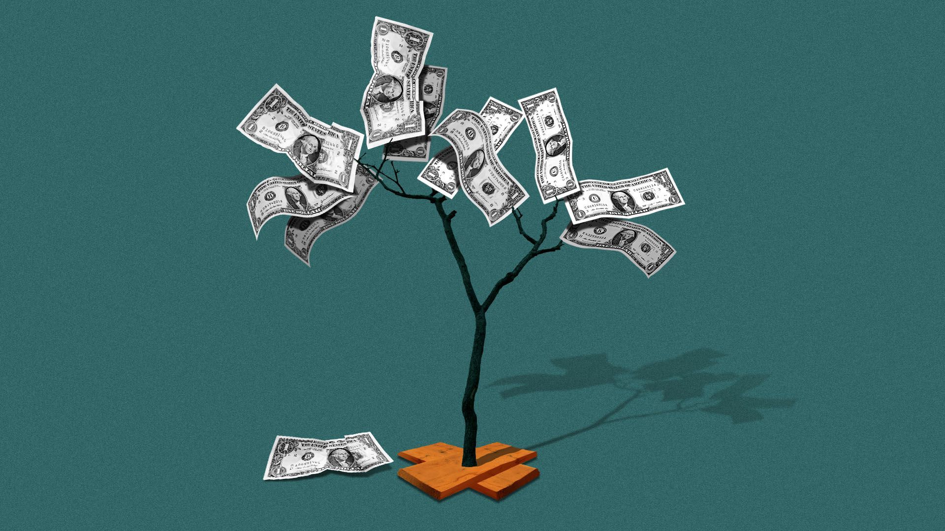 Illustration of a sad-looking little tree growing money