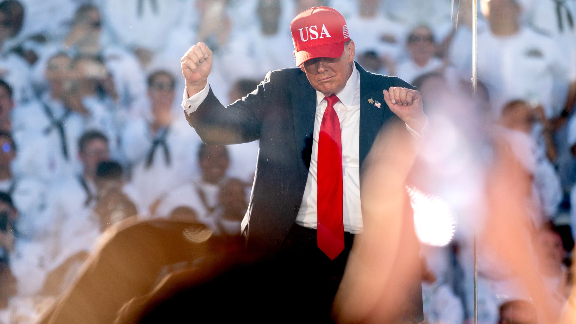 Donald Trump dances to “Y.M.C.A.” during a Navy 250 celebration at Naval Station Norfolk on Oct. 5. Photo: Stefani Reynolds/Bloomberg via Getty Images