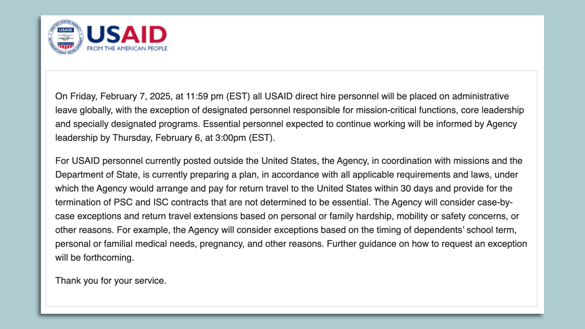 A USAID statement putting all direct hires on leave.