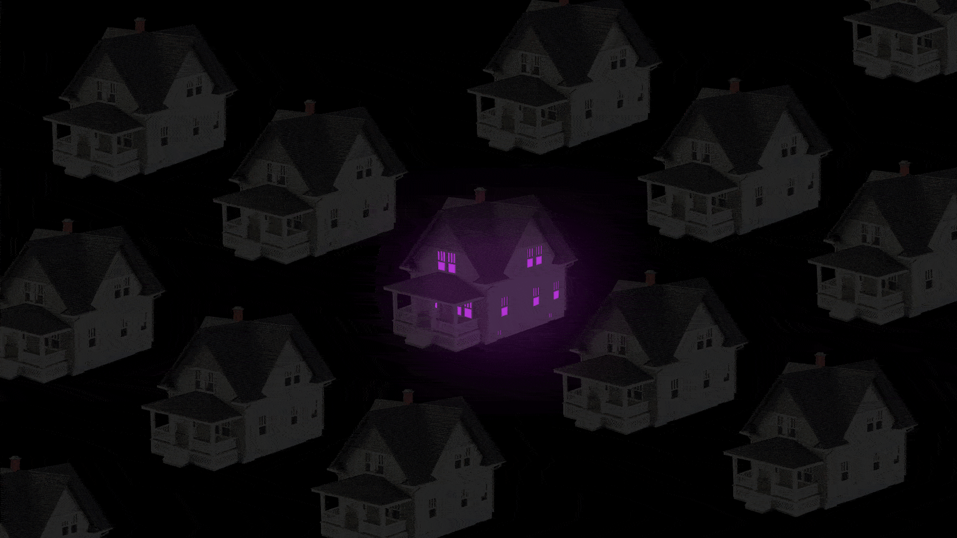 Animated illustration of a neighborhood at night with the house in the center showing flashing colored lights.