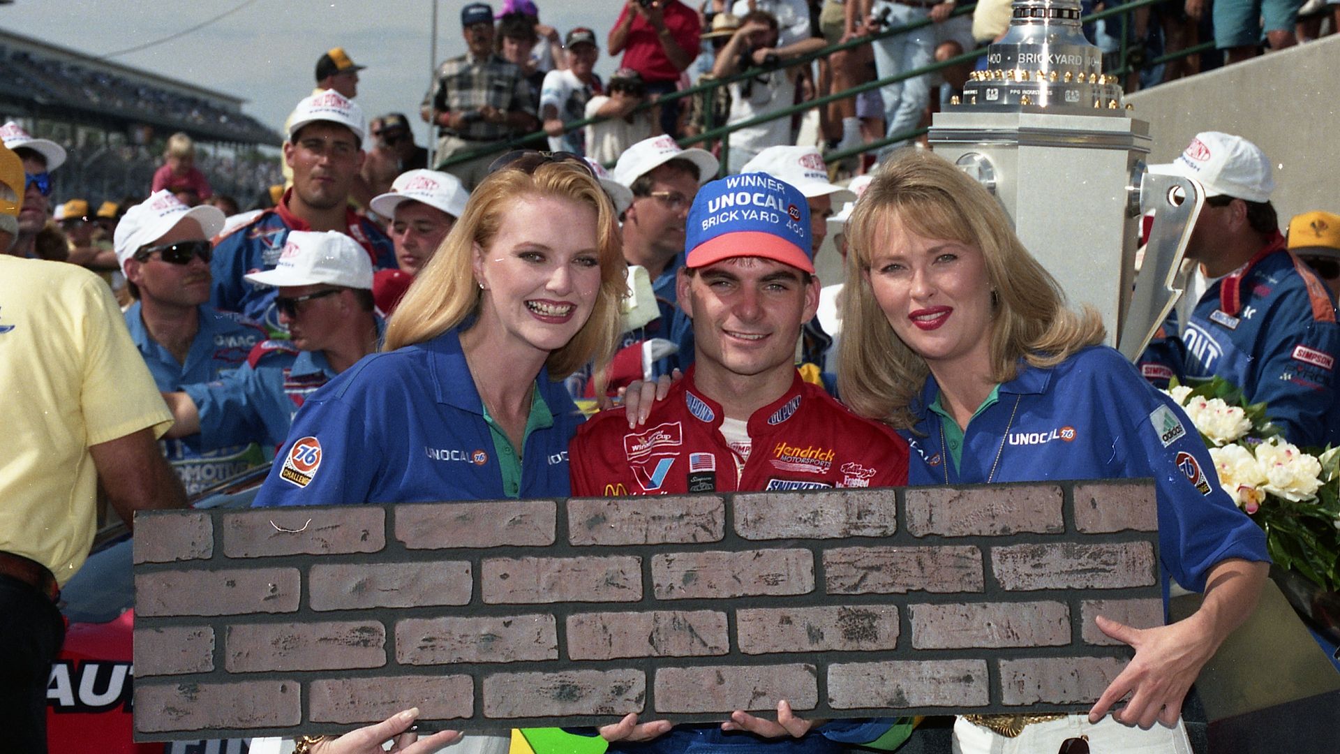 Jeff Gordon gets his bricks after scoring the victory in the Brickyard 400 NASCAR Cup race on August 6, 1994 at the Indianapolis Motor Speedway in Indianapolis, Indiana. 