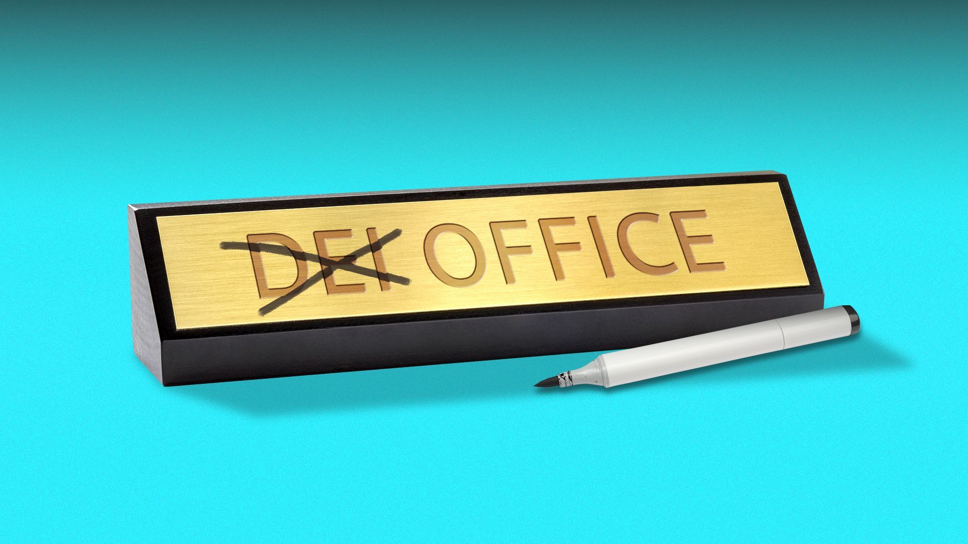 Illustration of a desk nameplate labeled "DEI OFFICE," with "DEI" crossed out with a marker.