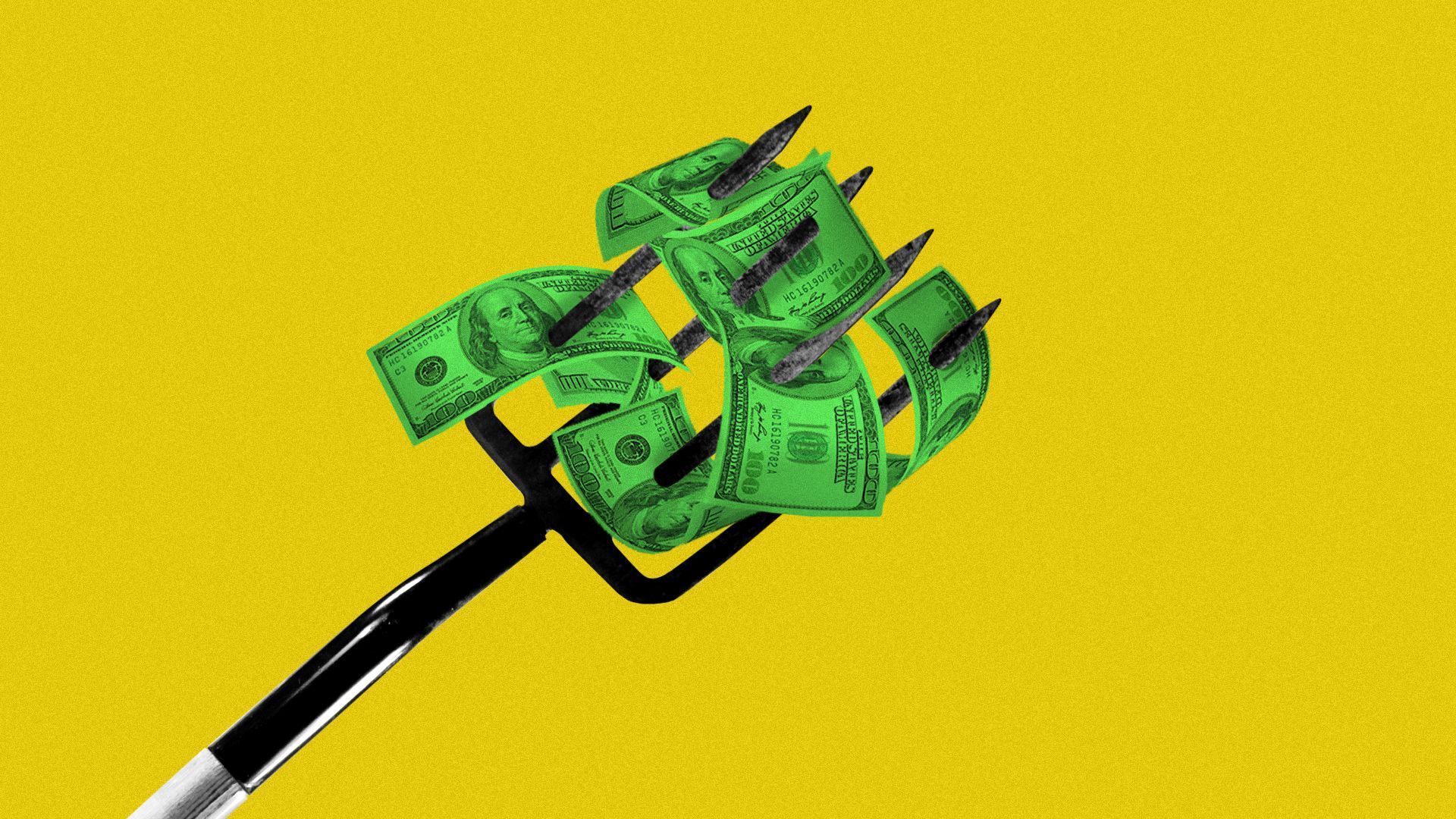 Illustration of a pitchfork with money on the end. 