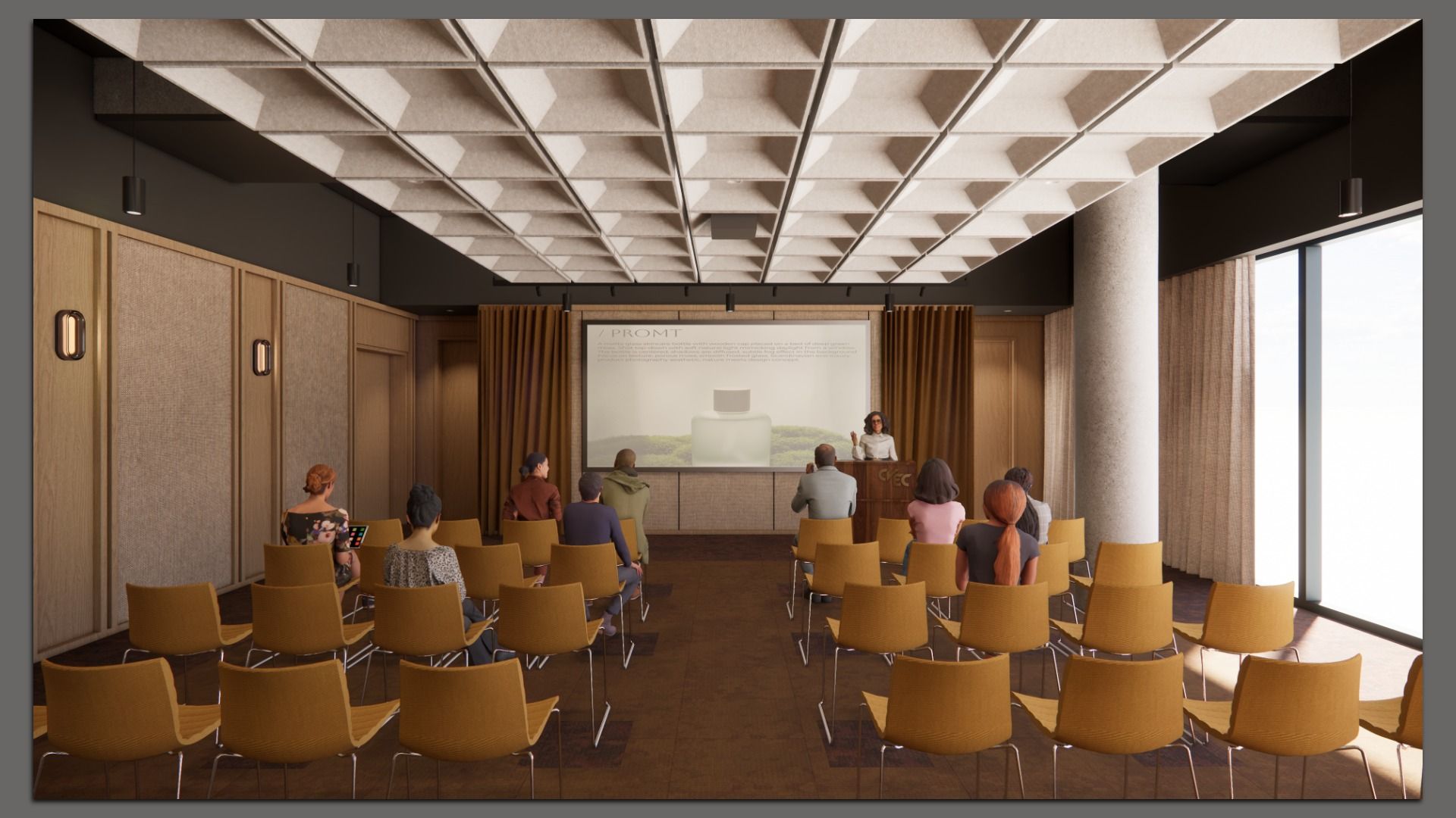Room with mustard-yellow chairs facing a female speaker at a podium and a large screen displaying a bottle image. Beige walls, decorative ceiling, and windows with curtains on the right.