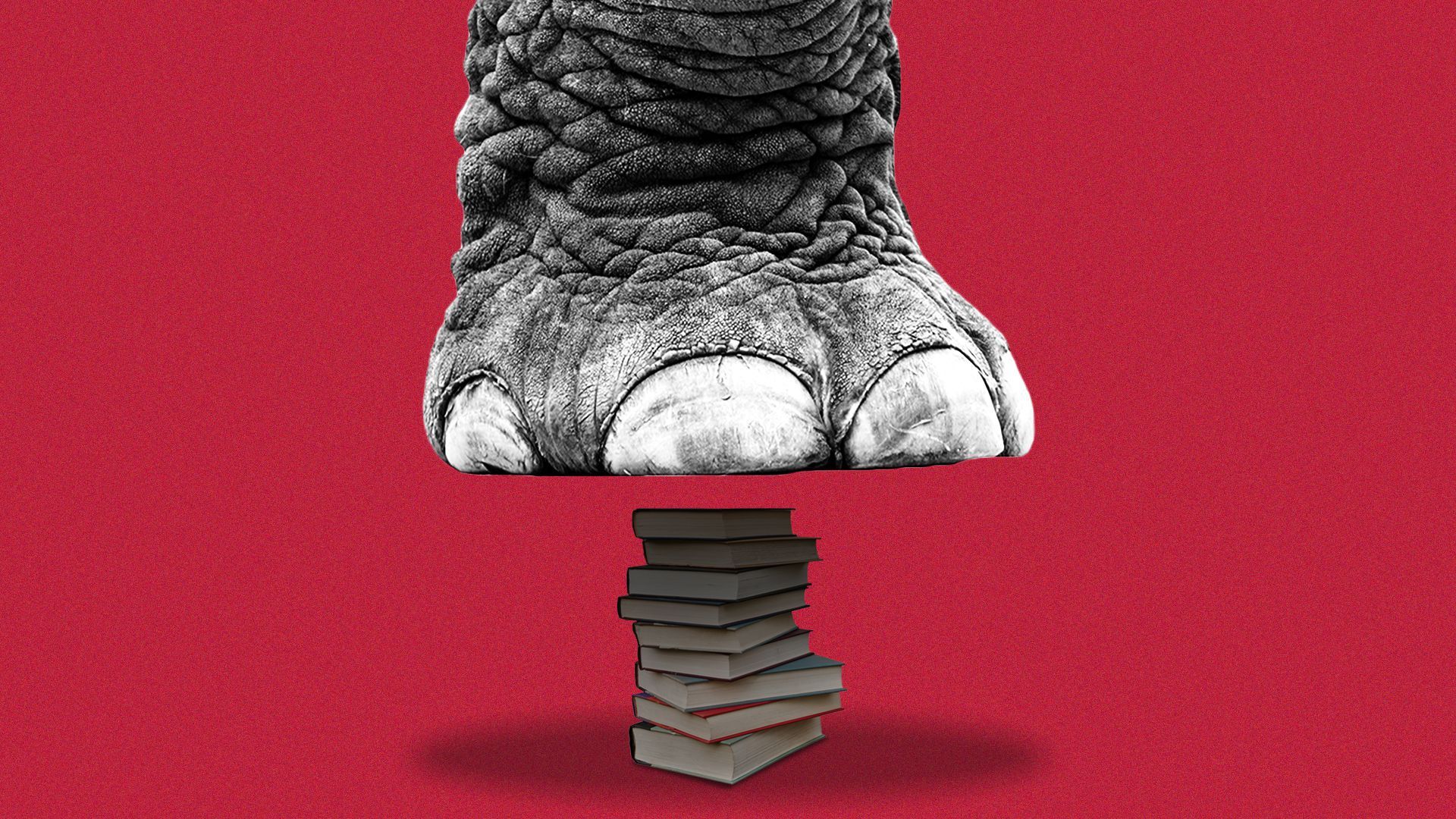 Illustration of an elephant leg looming over a stack of books.