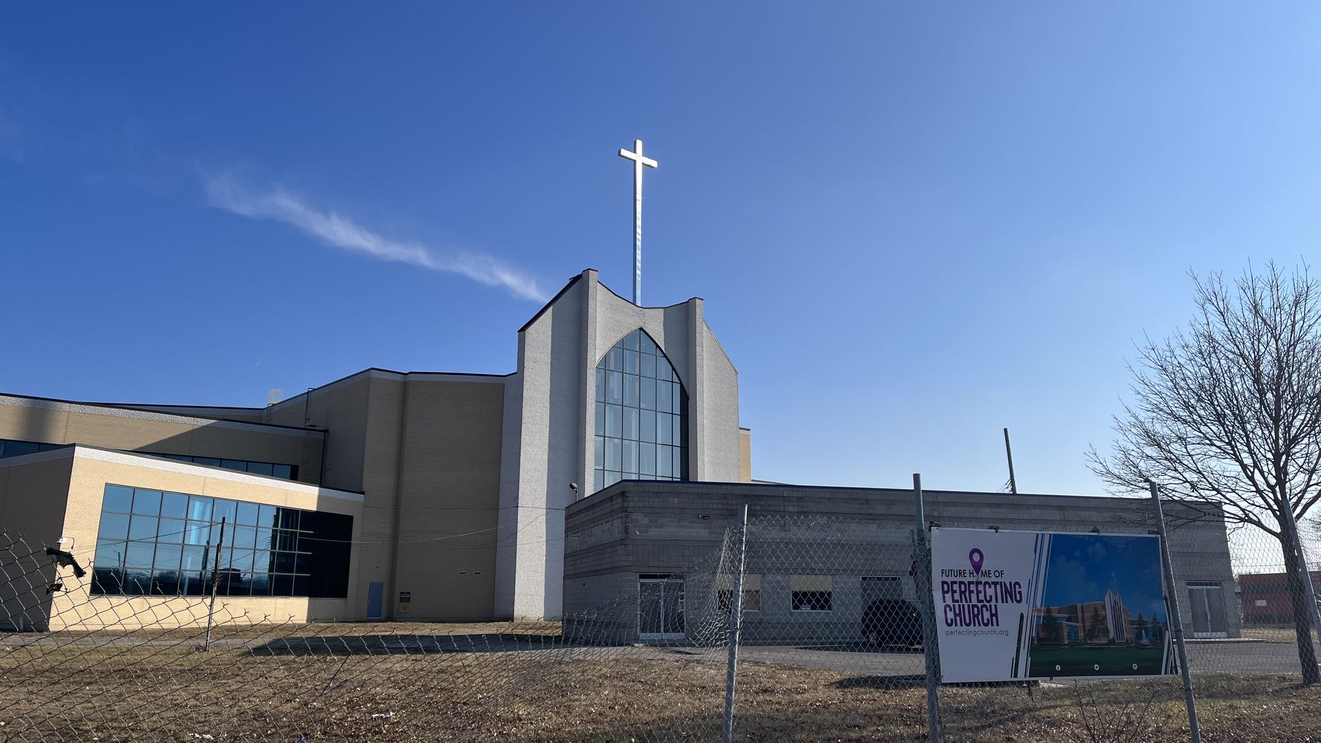 The unfinished new Perfecting Church at Woodward and 7 Mile. 