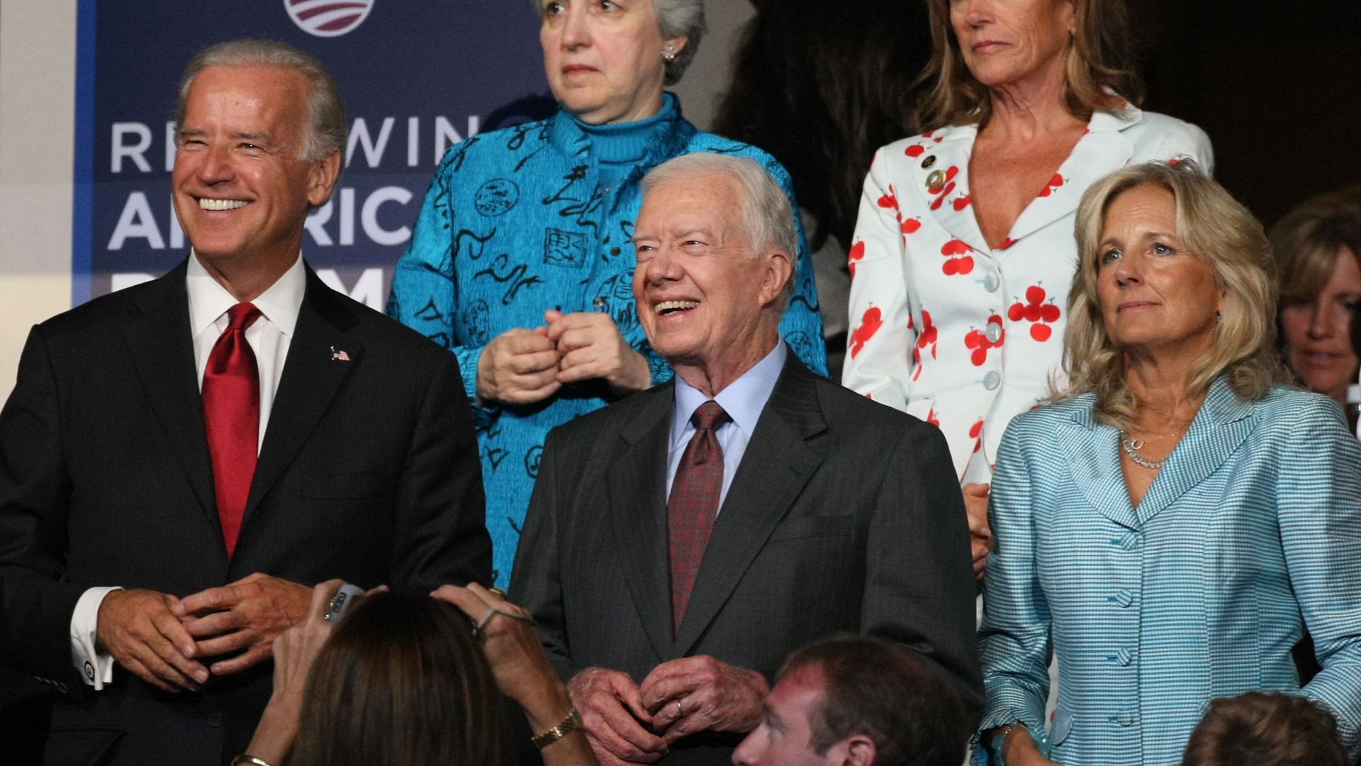 Then-Sen. Joe Biden, former president Jimmy Carter, and Jill Biden watch the proceedings on day two of the Democratic National Convention (DNC) in Denver, Colorado, in 2008.