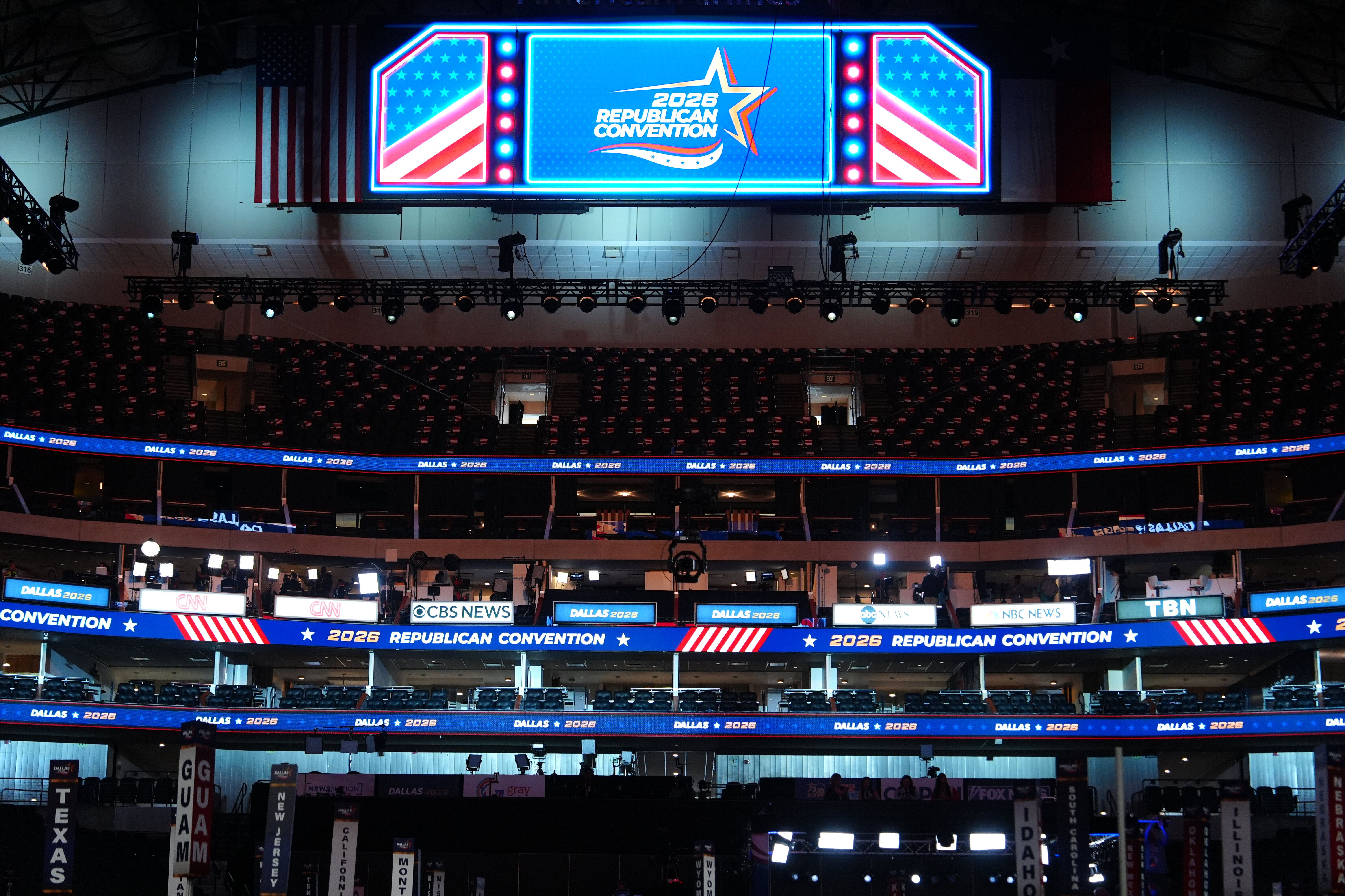 Network skyboxes line the GOP midterm convention at American Airlines Center in Dallas.