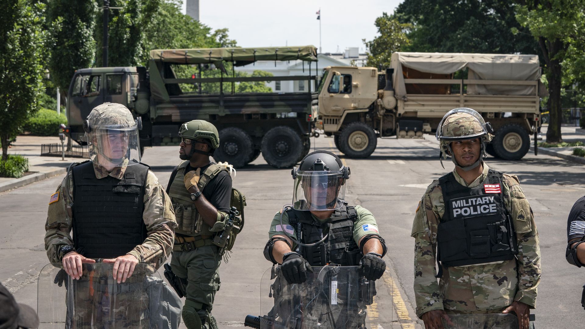 National Guard vehicles are used to block 16th Street near Lafayette Park and the White House
