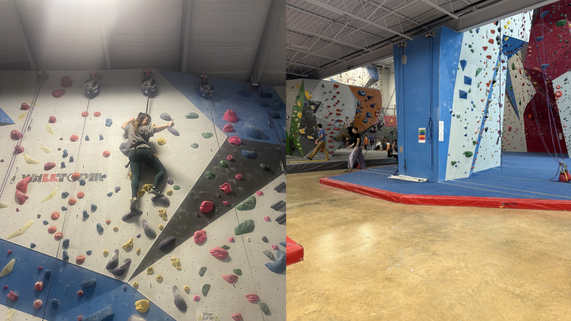 Indoor rock climbing gym with colorful climbing holds on walls; a woman climbing on left wall, others walking or climbing on blue and red padded floors on right side under high ceiling.