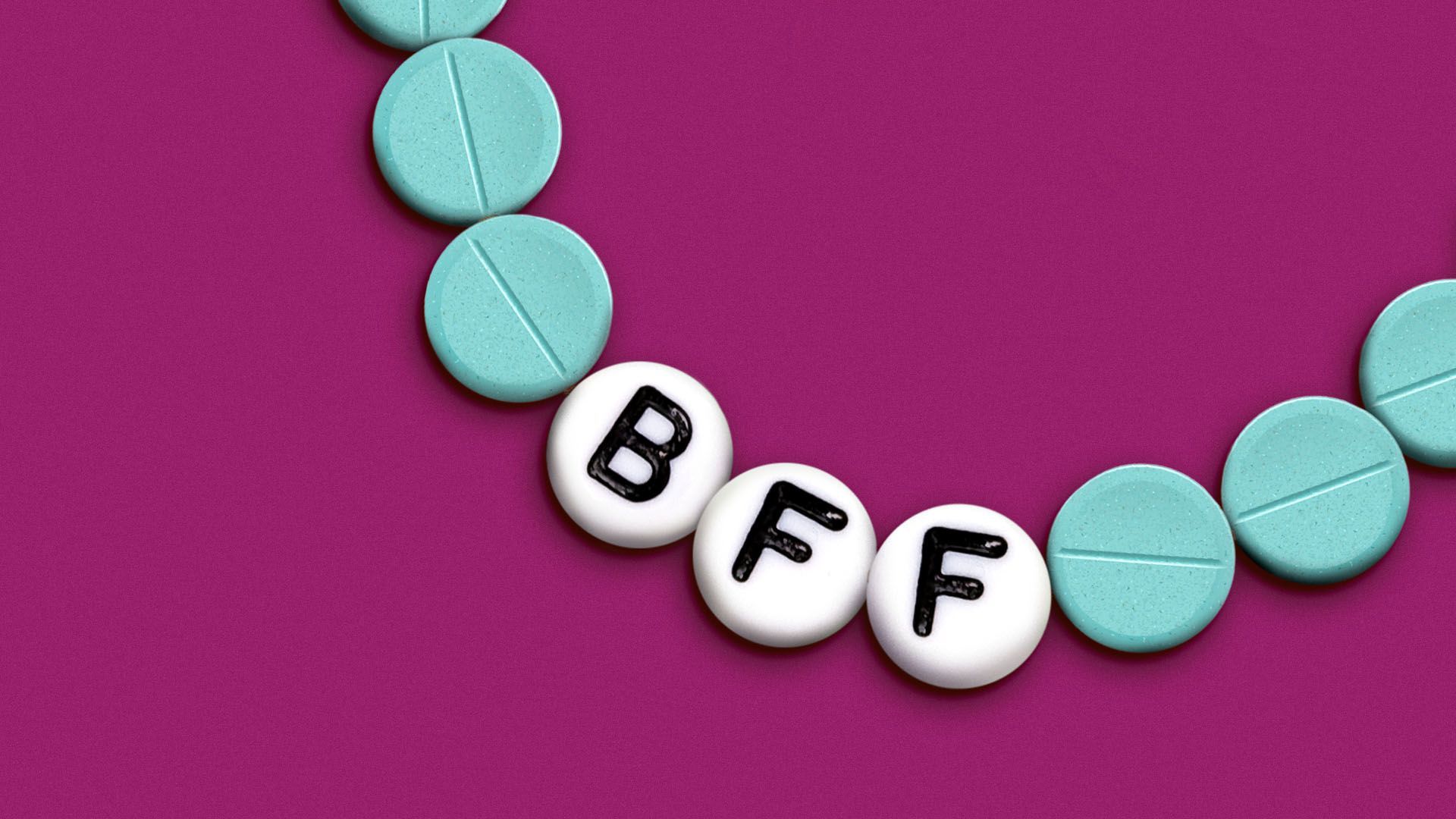 an illustration of a beaded "BFF"  friendship bracelet made out of pills 