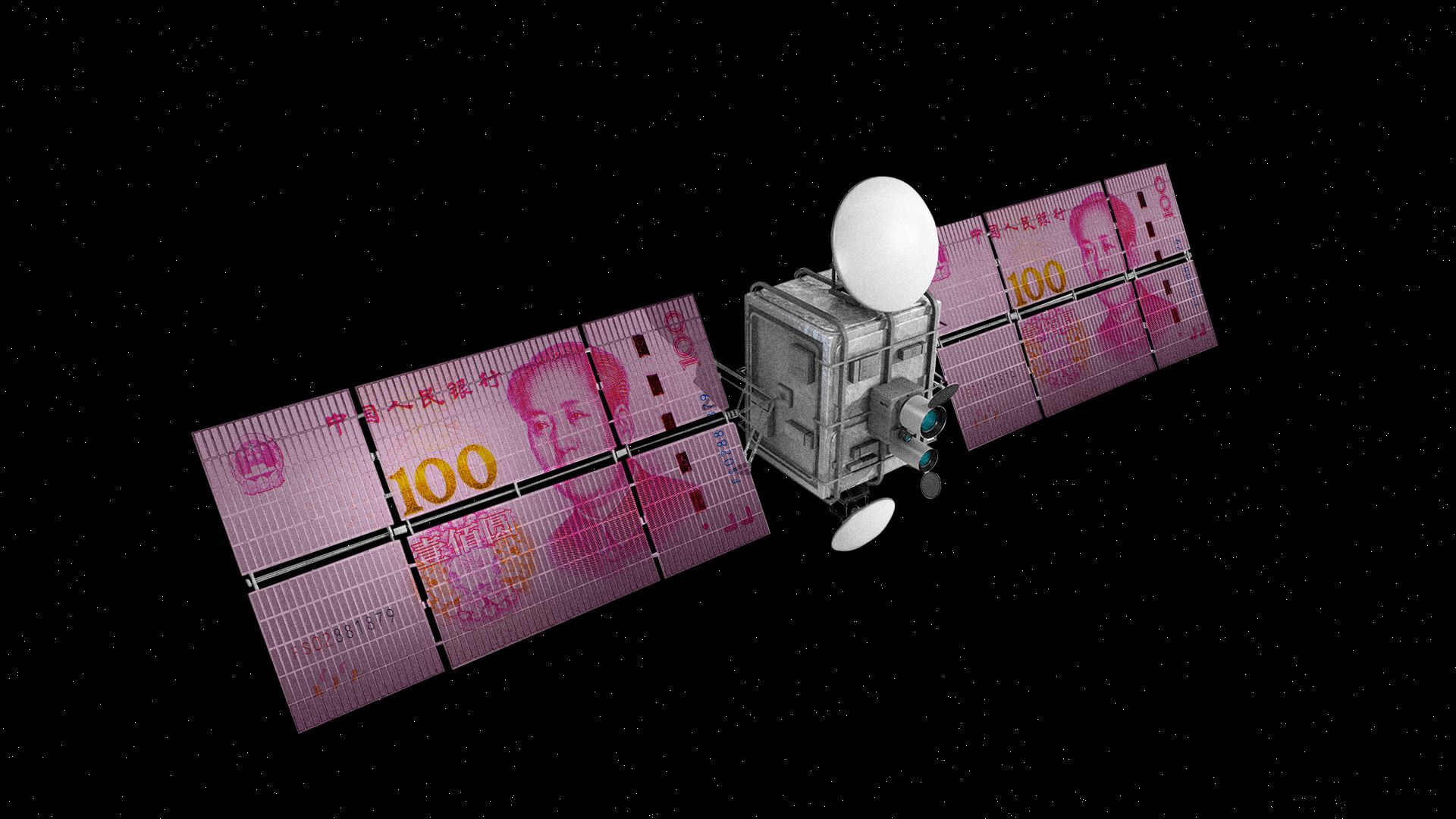 Illustration of a satellite with Chinese Yuan bills as the solar panels. 