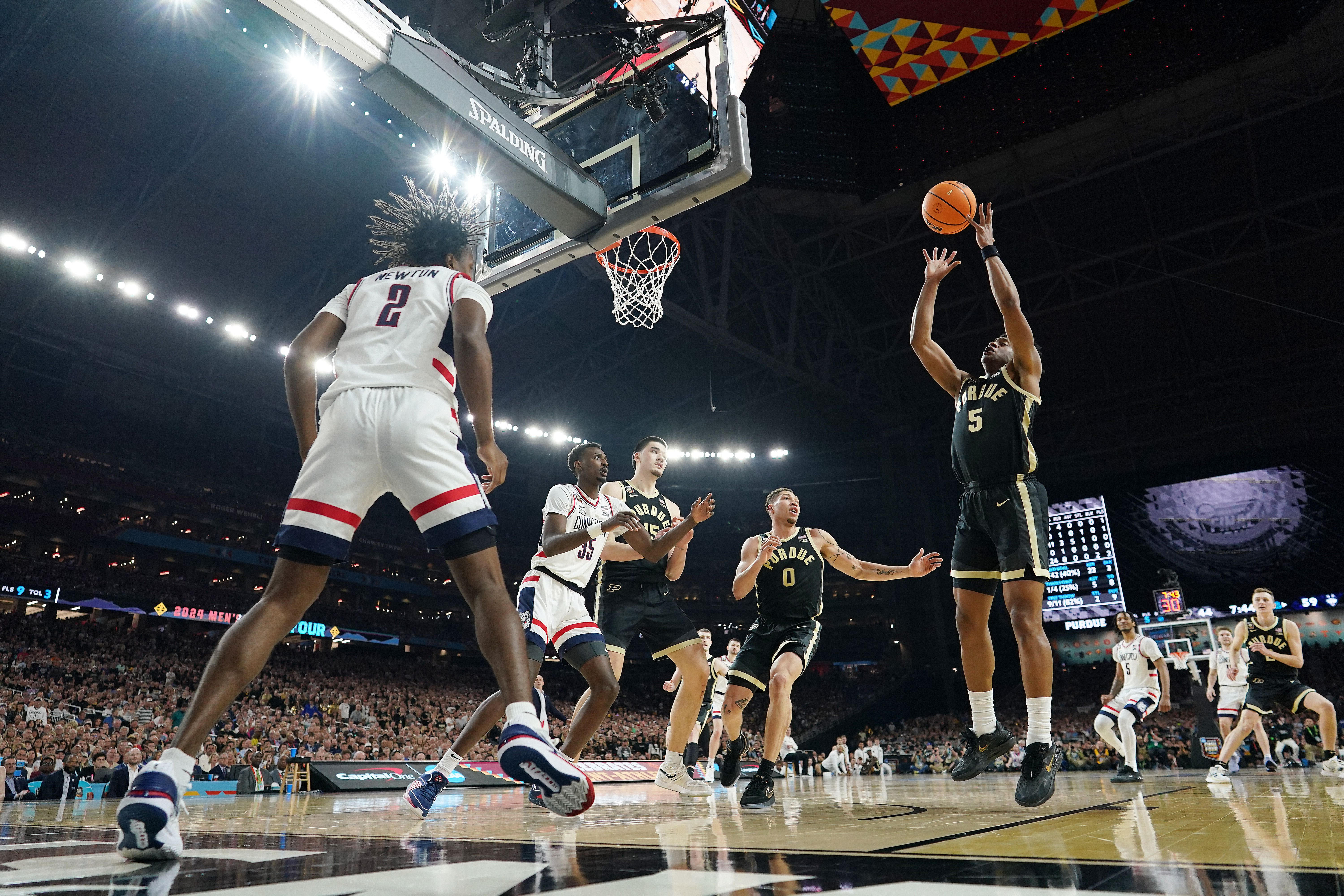 Myles Colvin #5 of the Purdue Boilermakers shoots the ball during the second half in the NCAA Men's Basketball Tournament National Championship game at State Farm Stadium on April 08, 2024 in Glendale, Arizona. 