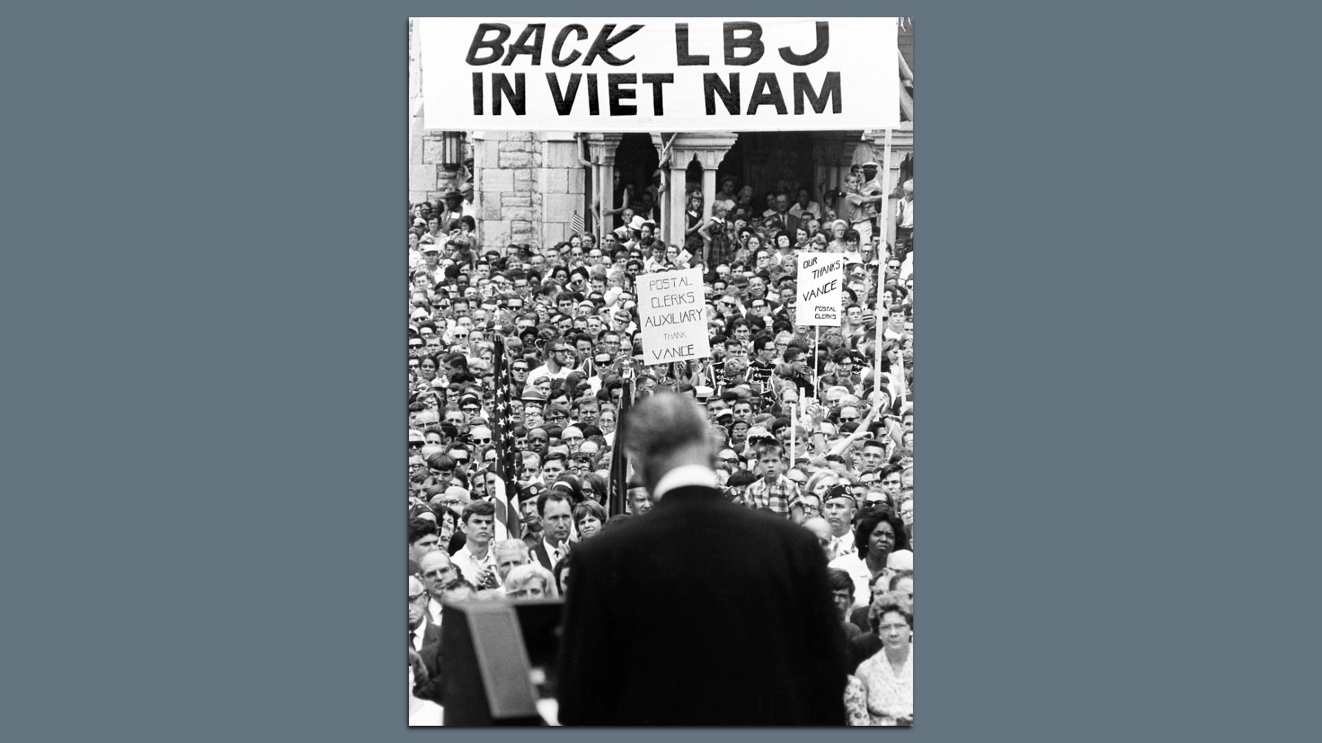 U.S. President Lyndon B. Johnson speaking to large crowd, which included remarks defending his administration's policies in Vietnam, Soldiers' and Sailors' Monument, Indianapolis, Indiana, USA, Yoichi R. Okamoto, White House photographer, July 23, 1966