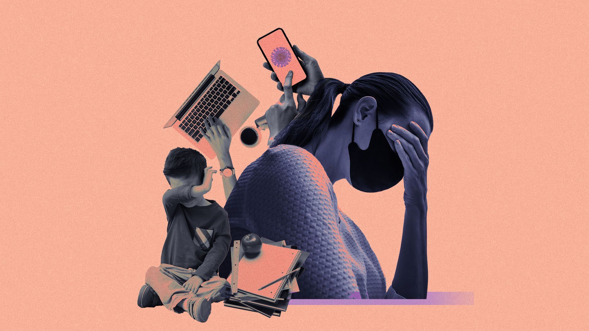 Illustrated collage of a stressed woman with mask on surrounded by school books, a crying child, a laptop, and a cell phone with a virus image on the screen.