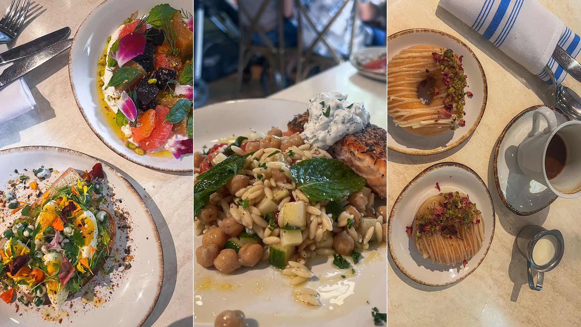 Three photos, showing various Mediterranean plates. 