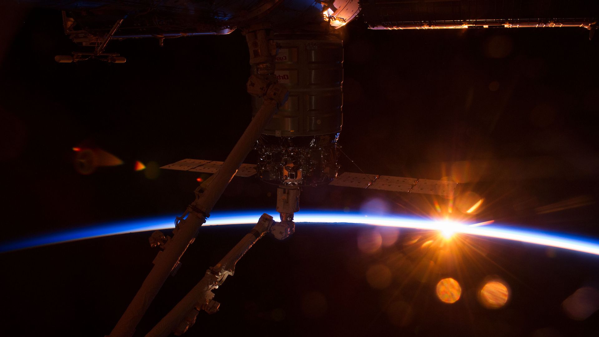 The International Space Station in darkness.