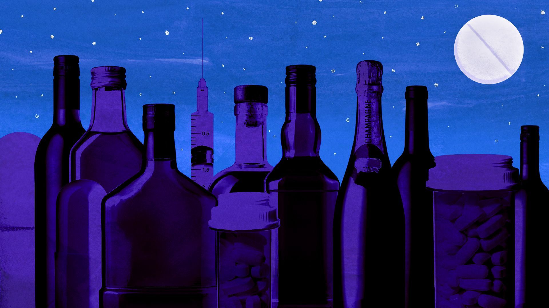 Illustration of a cityscape made of alcohol and drugs with a pill as a moon.