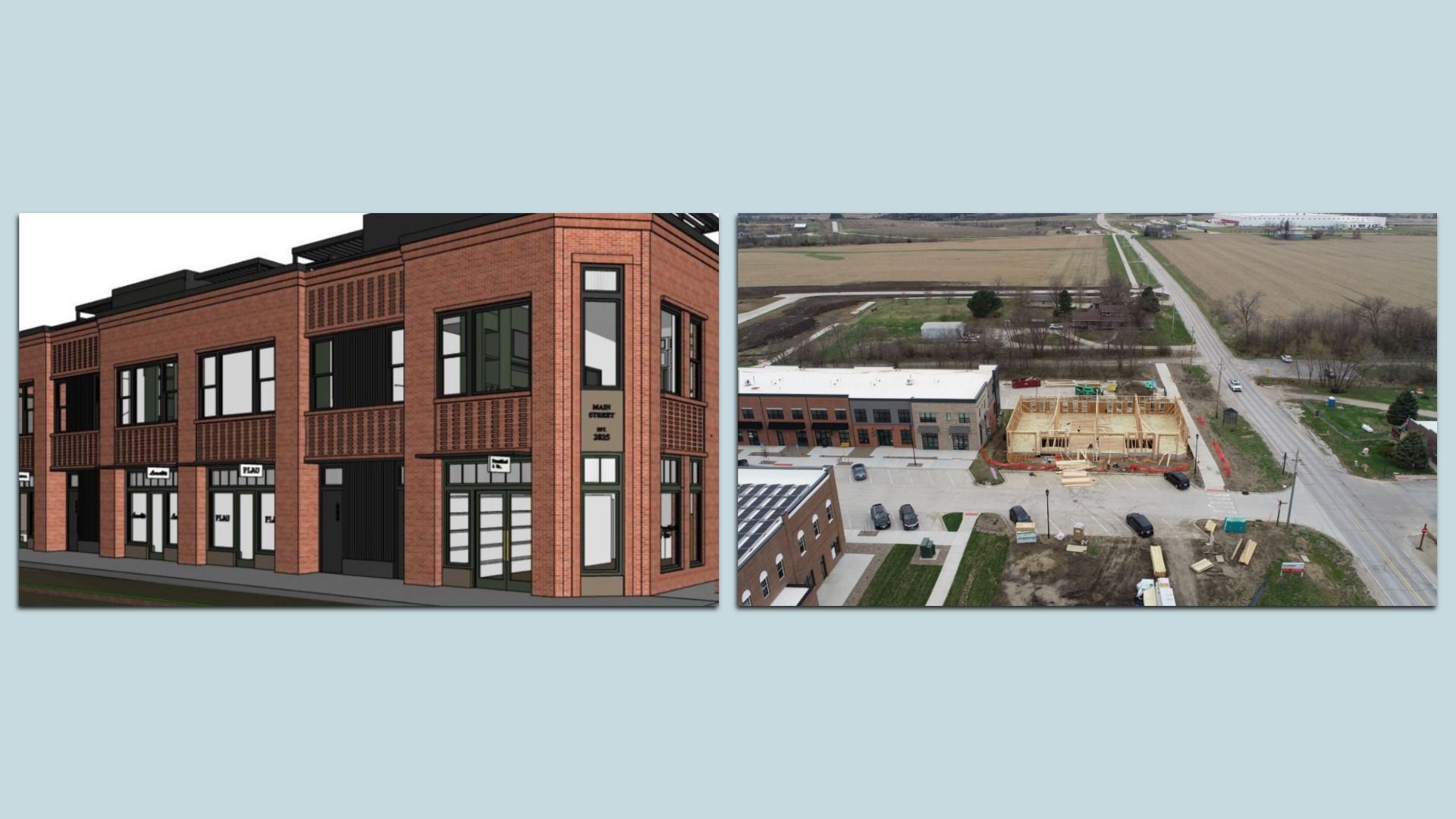 Two-panel image: left shows a brick building rendering with storefronts; right shows an aerial view of a construction site beside a road and farmland.