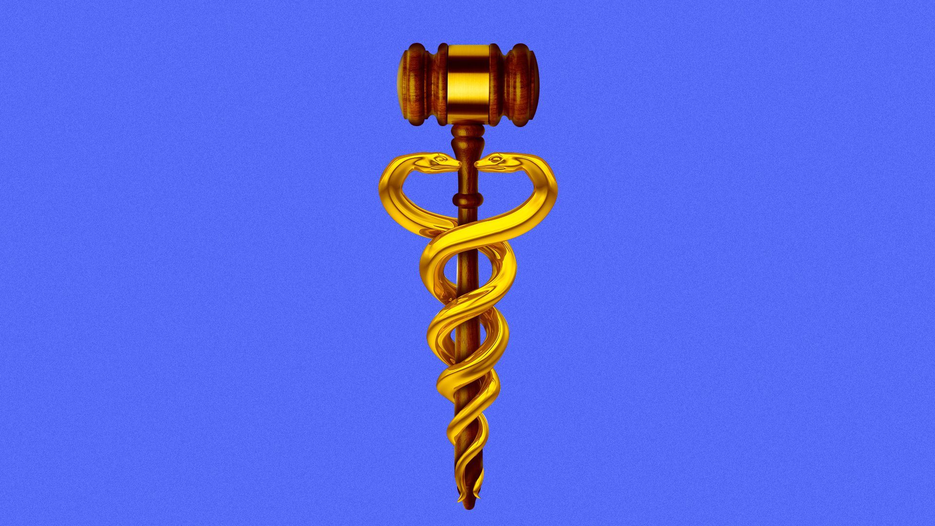 Illustration of a caduceus with a gavel in the center. 