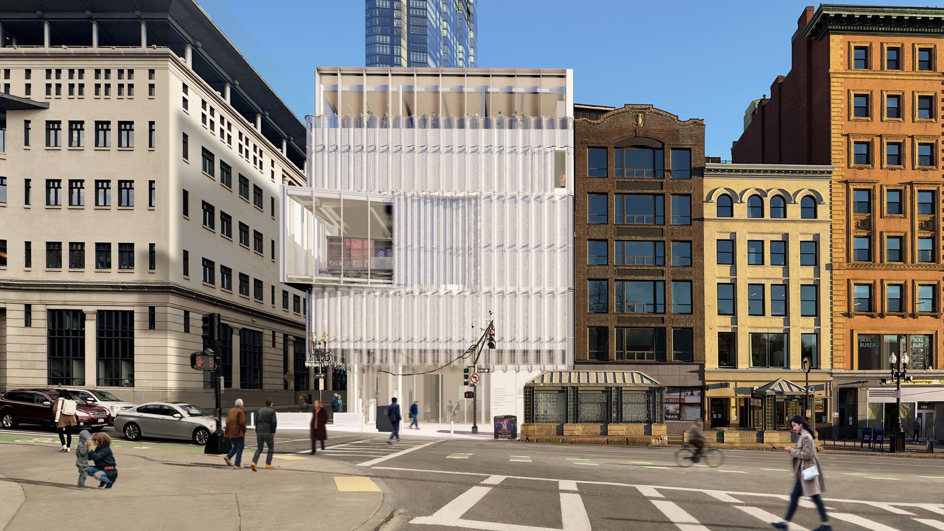 An architectural rendering of the six-story Boston Holocaust Museum and Education Center, which features a railroad car that sent Jewish people to their deaths in concentration camps.