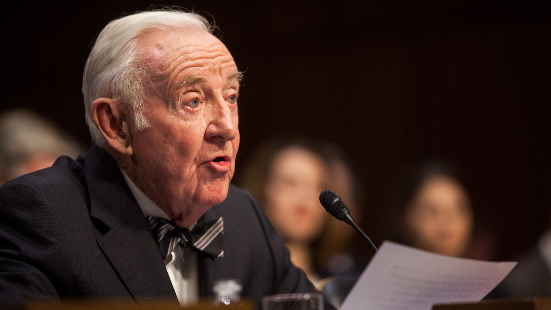 Photo of former Supreme Court Justice Stevens as he testifies on campaign finance reform before the Senate in 2014