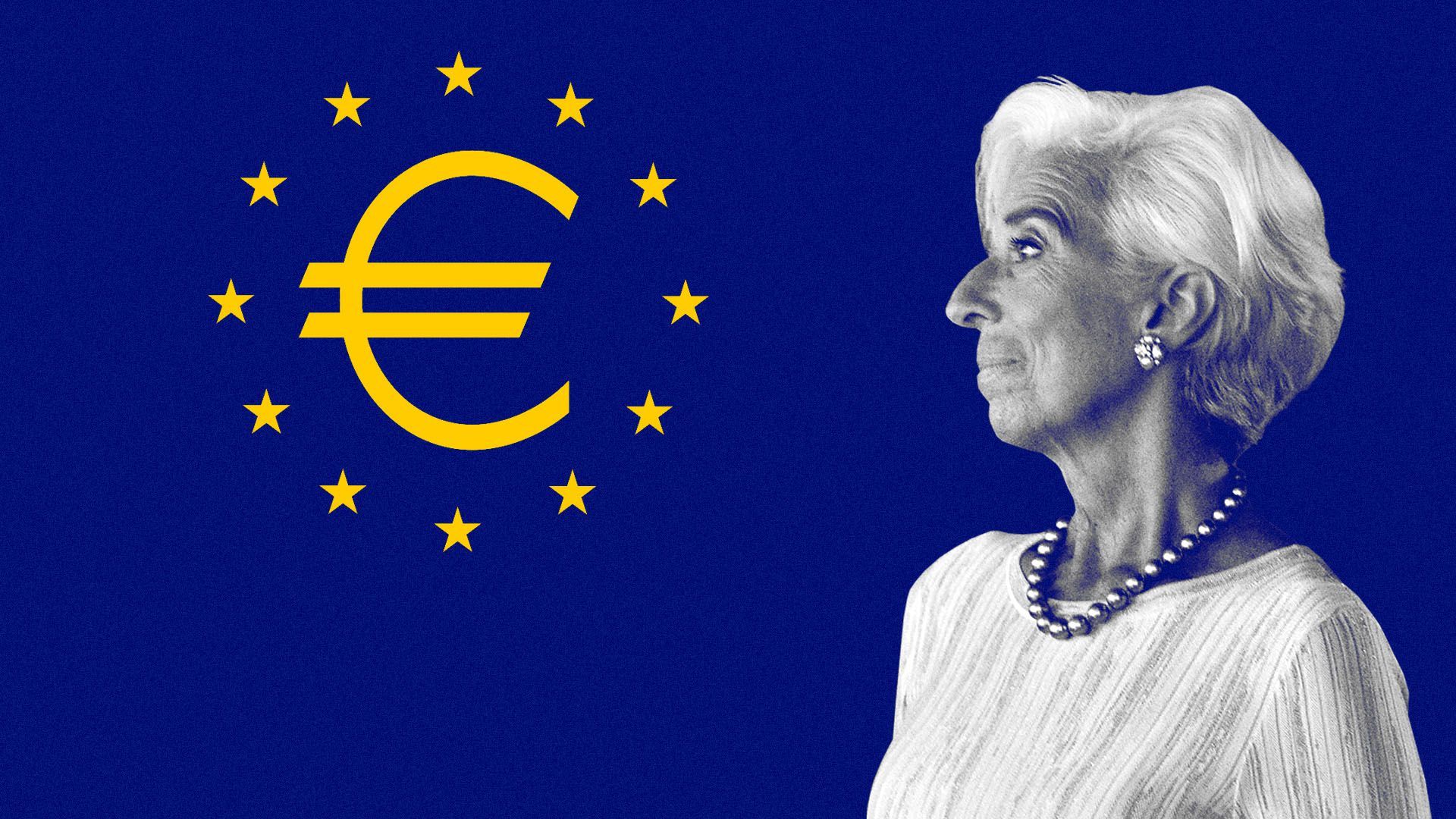 Illustration of Christine Lagarde next to the ECB logo, which is reflecting in her glasses