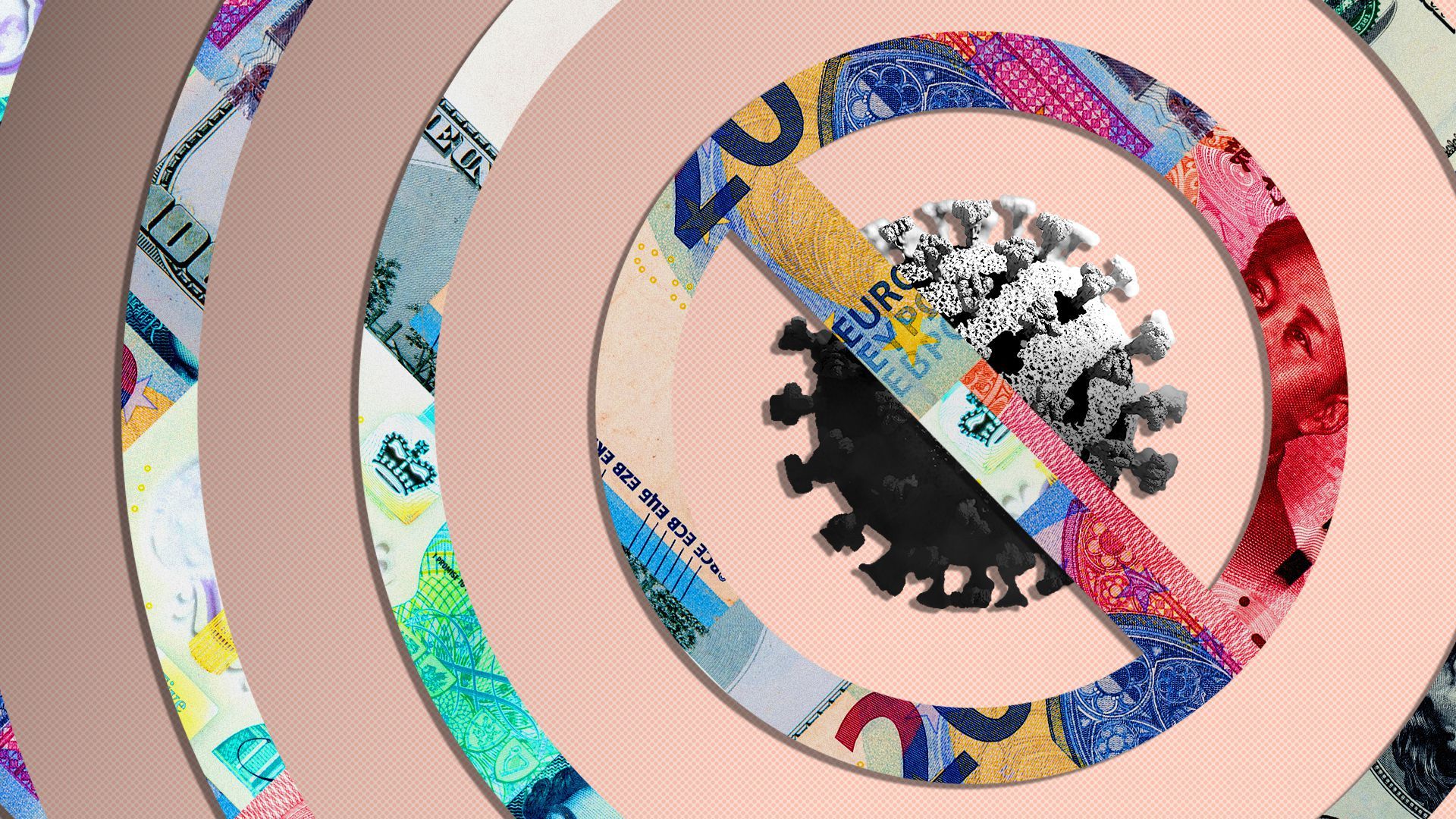 Illustration of a covid particle under a pattern if international currency shaped like concentric circles and a no-sign over the particle.